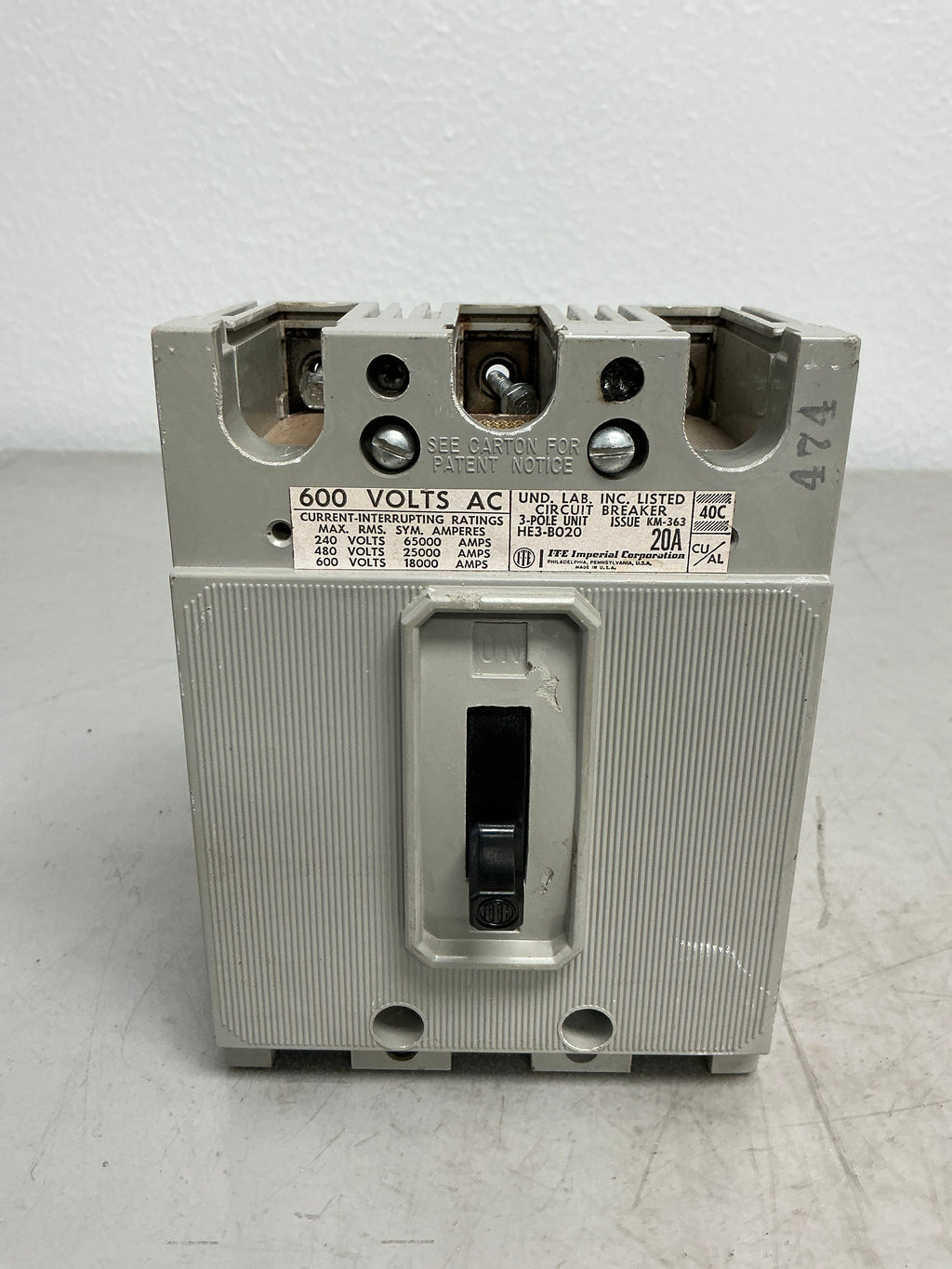 Used HE3B020 3 Pole, 20 Amps, 600 Volts