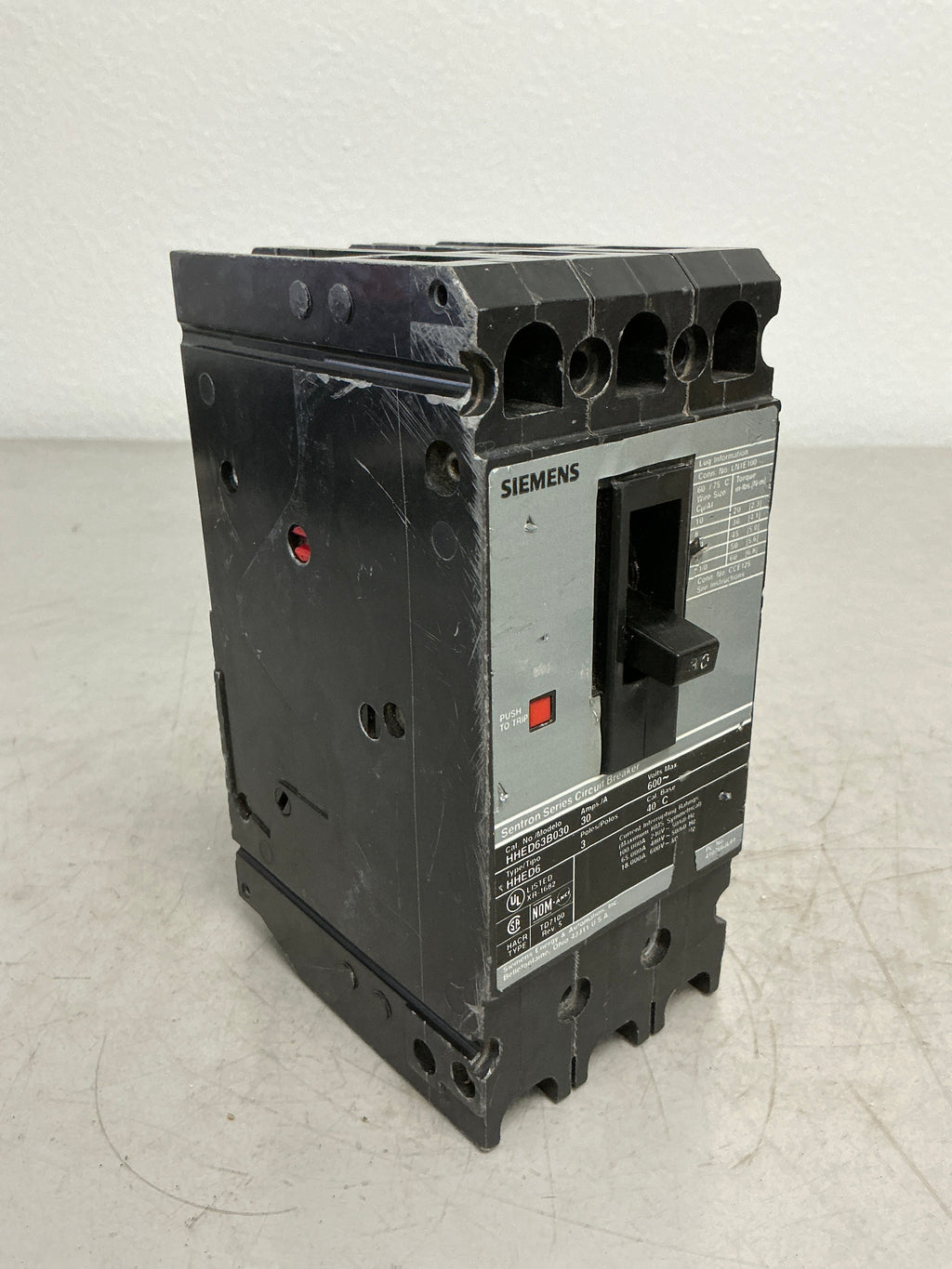 Used Siemens HHED63B030 3 Pole, 30 Amps, Circuit Breaker