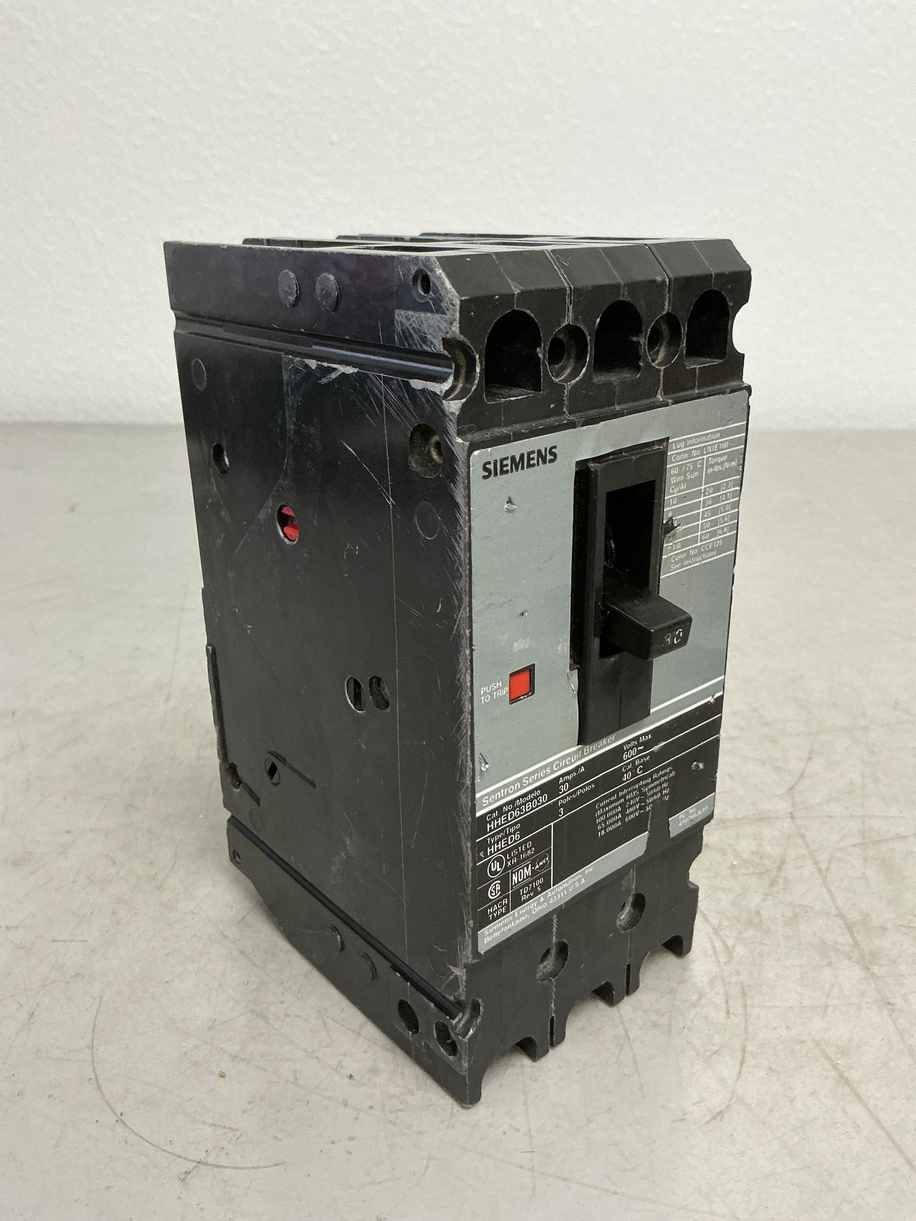 Used Siemens HHED63B030 3 Pole, 30 Amps, Circuit Breaker