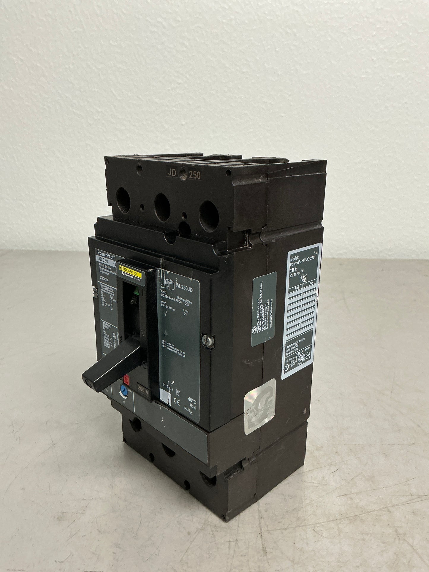 Used Square D JDL36200 3 Pole, 200 Amps Circuit Breaker