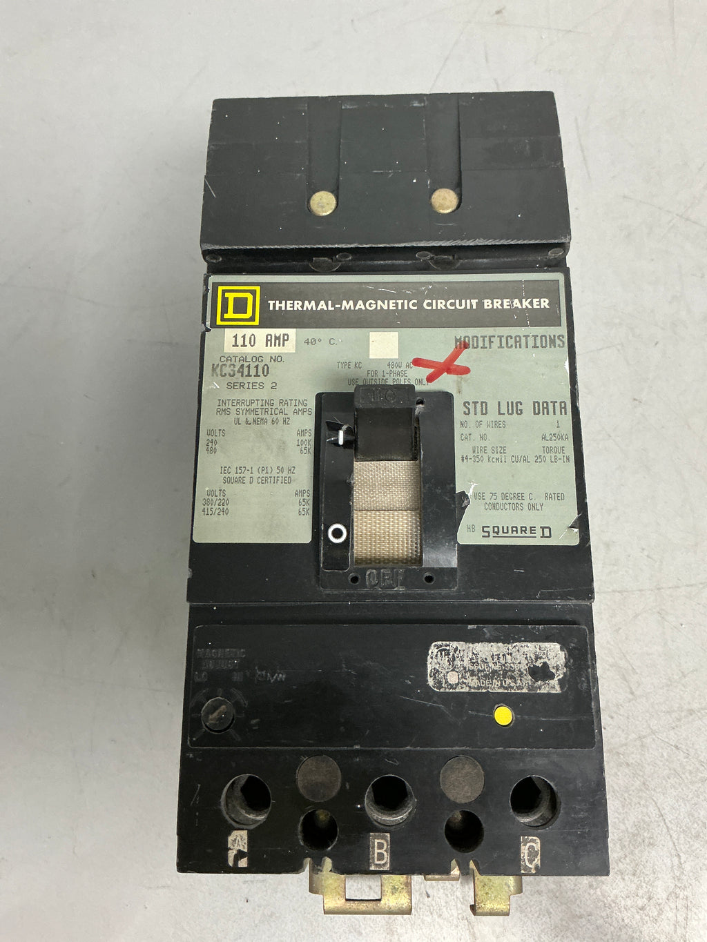 Used Square D KC34110 3 Pole, 110 Amps, Circuit Breaker