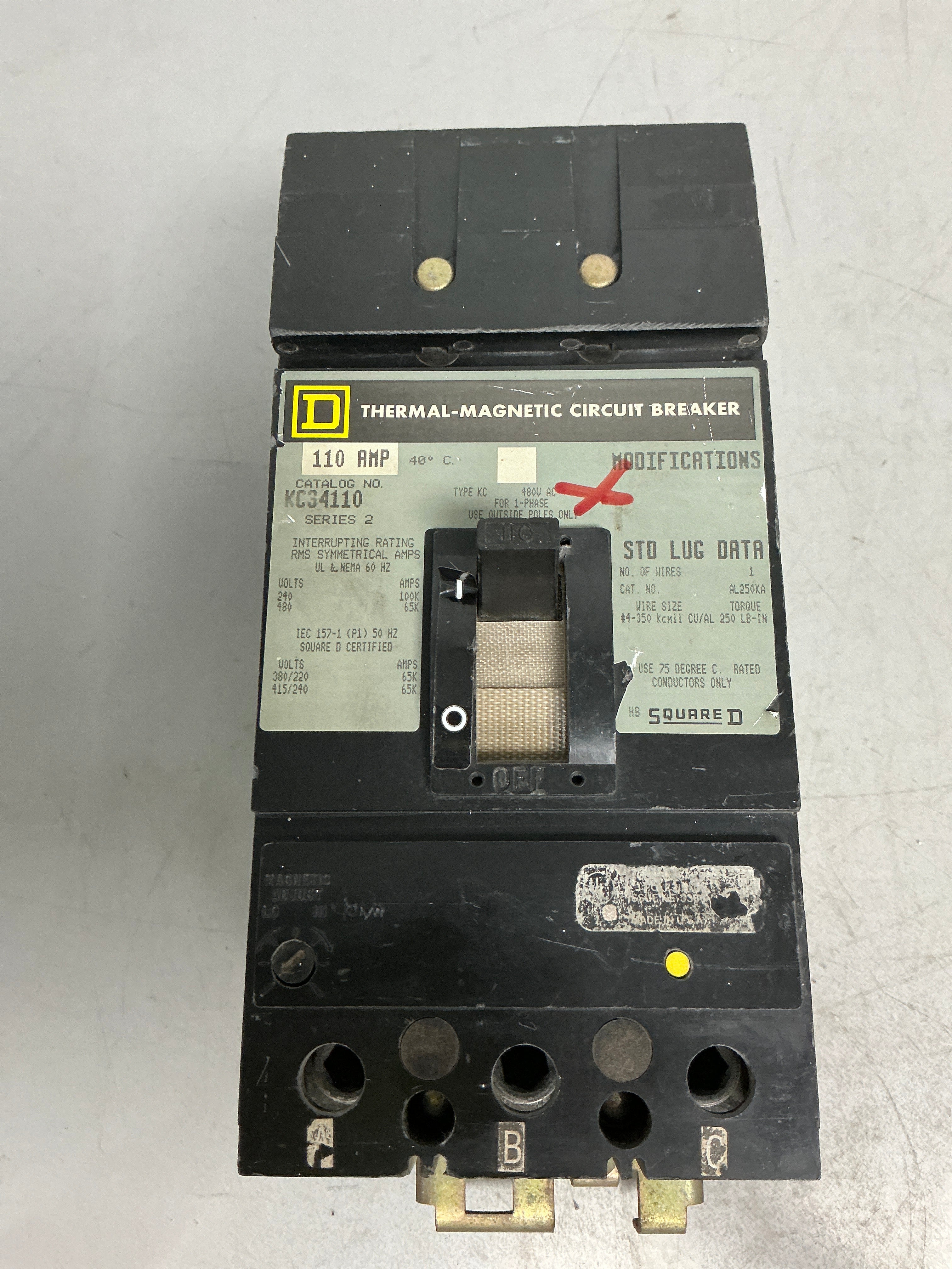 Used Square D KC34110 3 Pole, 110 Amps, Circuit Breaker