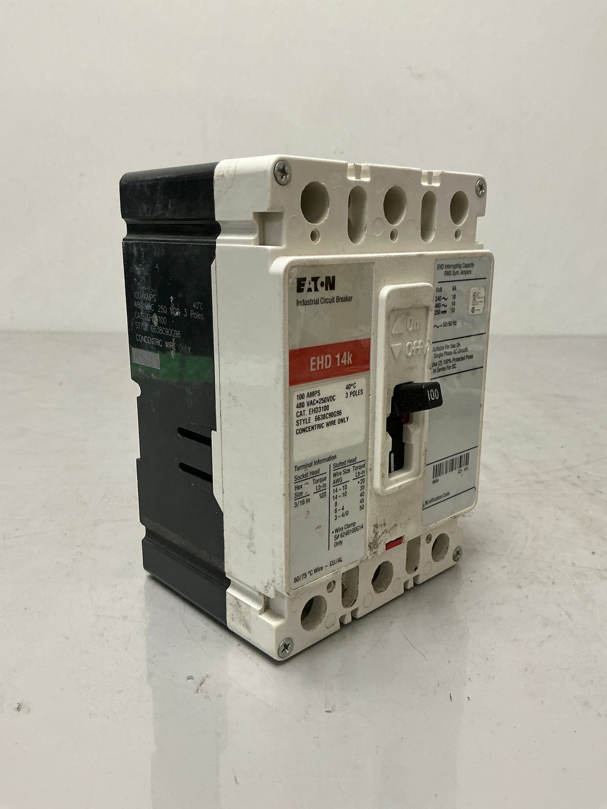 Used Eaton EHD3100 3 Pole, 100 Amps, 480 Volts Circuit Breaker
