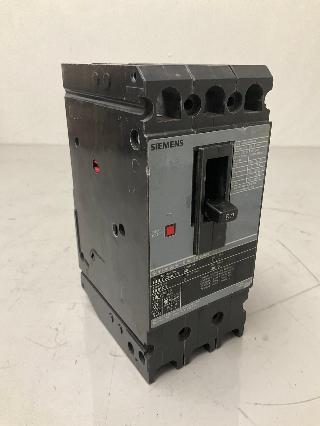 Used Siemens HHED63B060 3 Pole, 60 Amps, 480 Volts Circuit Breaker