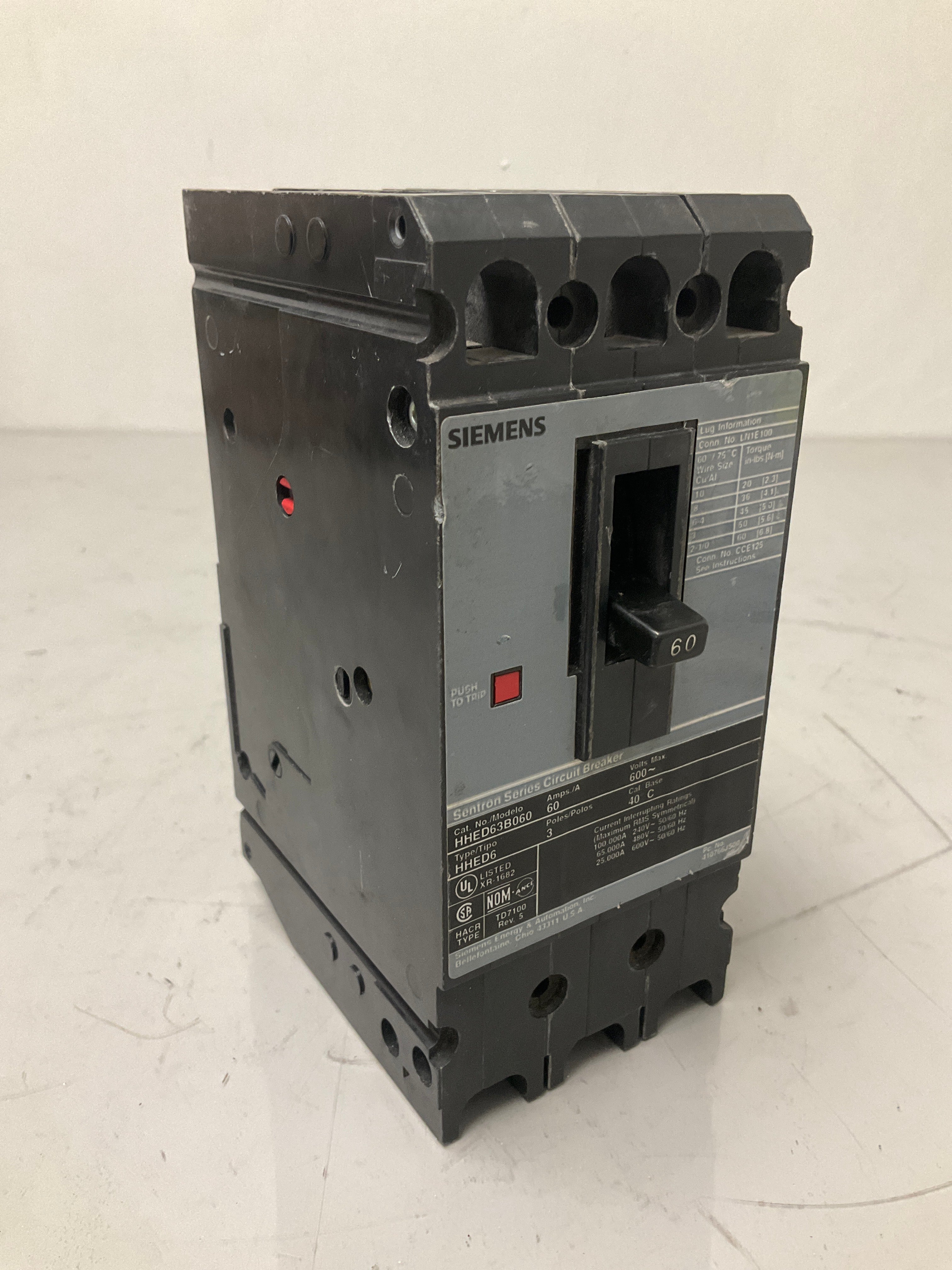 Used Siemens HHED63B060 3 Pole, 60 Amps, 480 Volts Circuit Breaker
