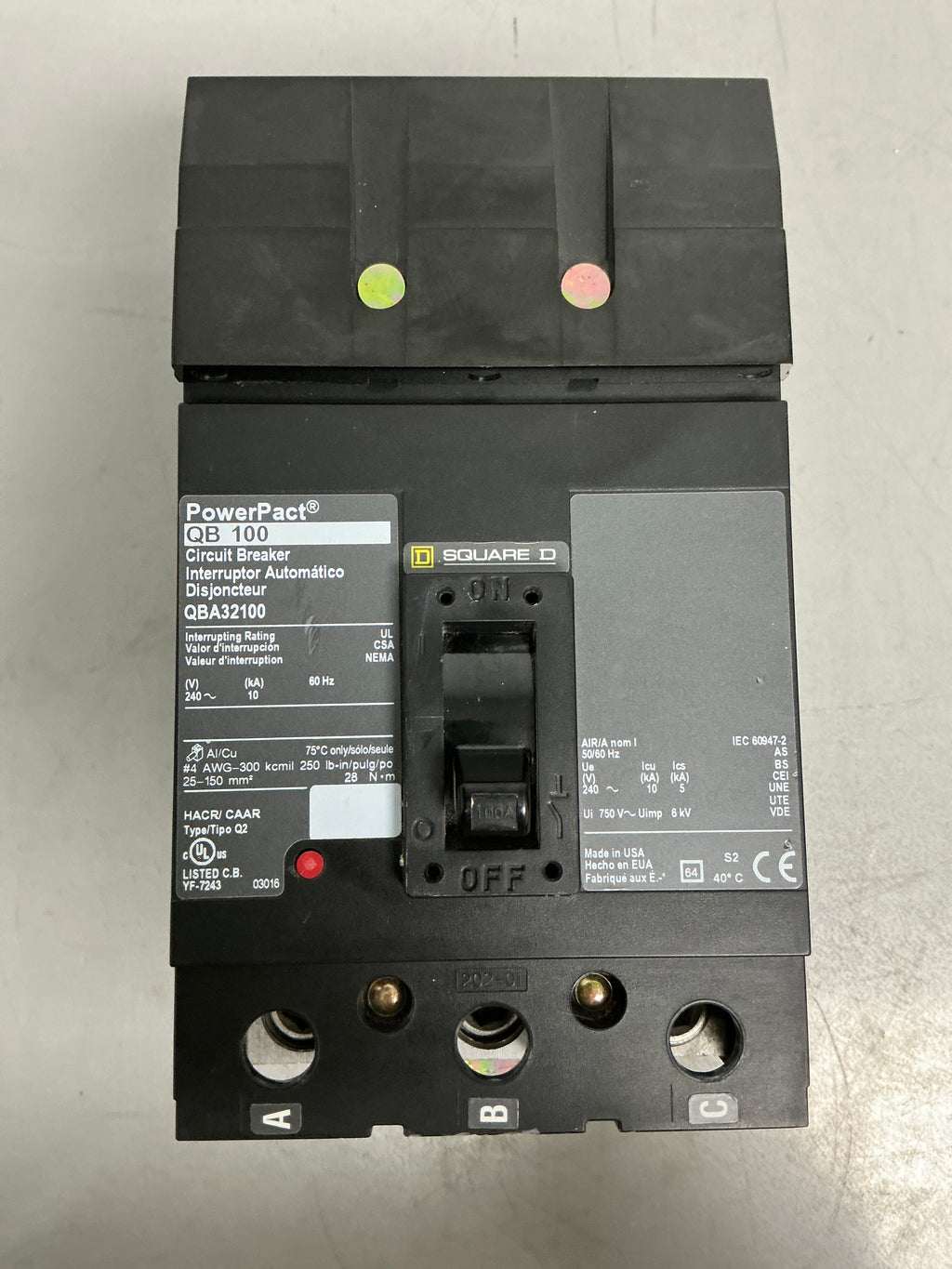 Used Squares D QBA32100 3 Pole, 100 Amps, 600 Volts