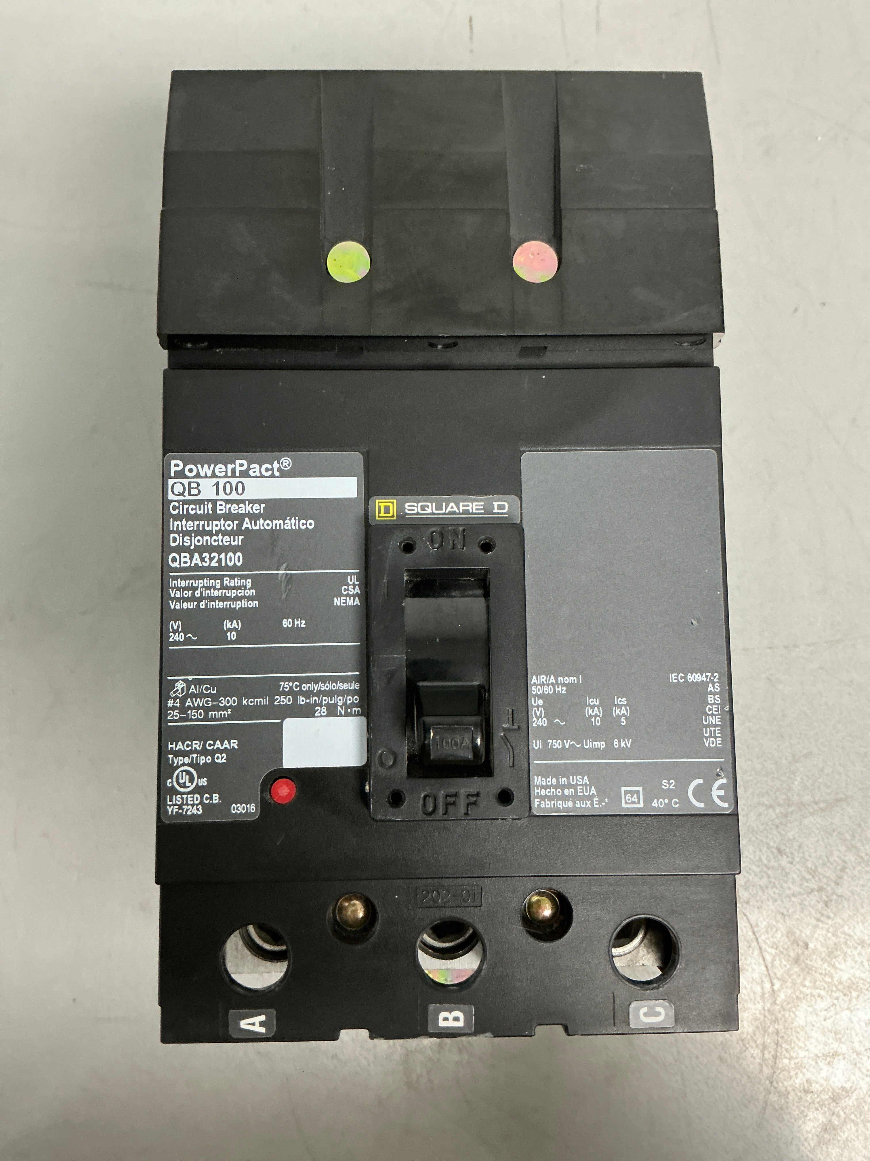 Used Squares D QBA32100 3 Pole, 100 Amps, 600 Volts