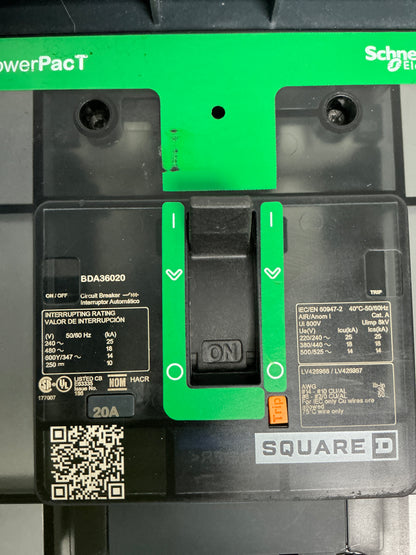 Used Square D BDA36020 3 Pole, 20 Amps, 480 Volts