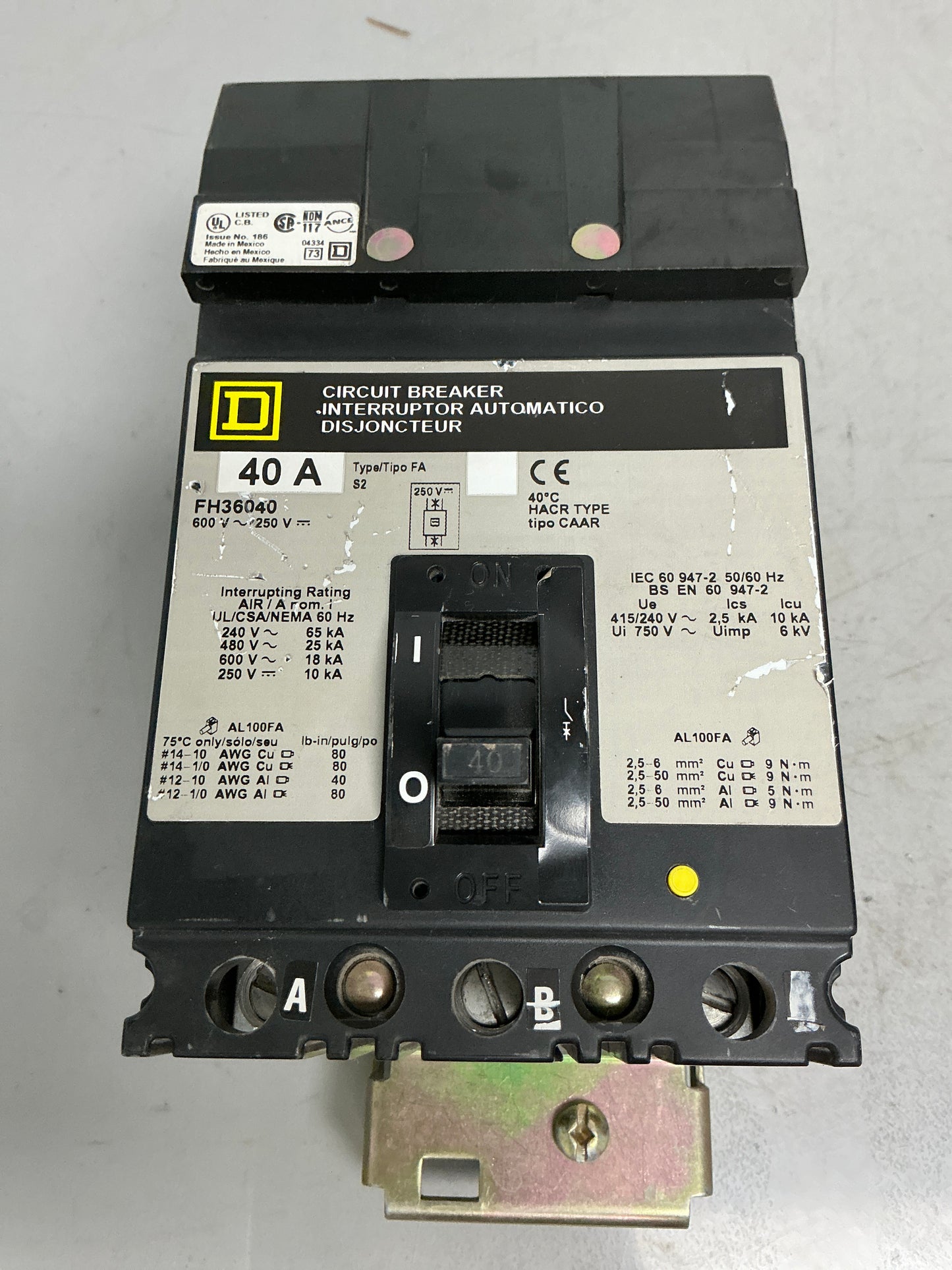 Used Square D FH36040 3 Pole, 40 Amps, 600 Volts