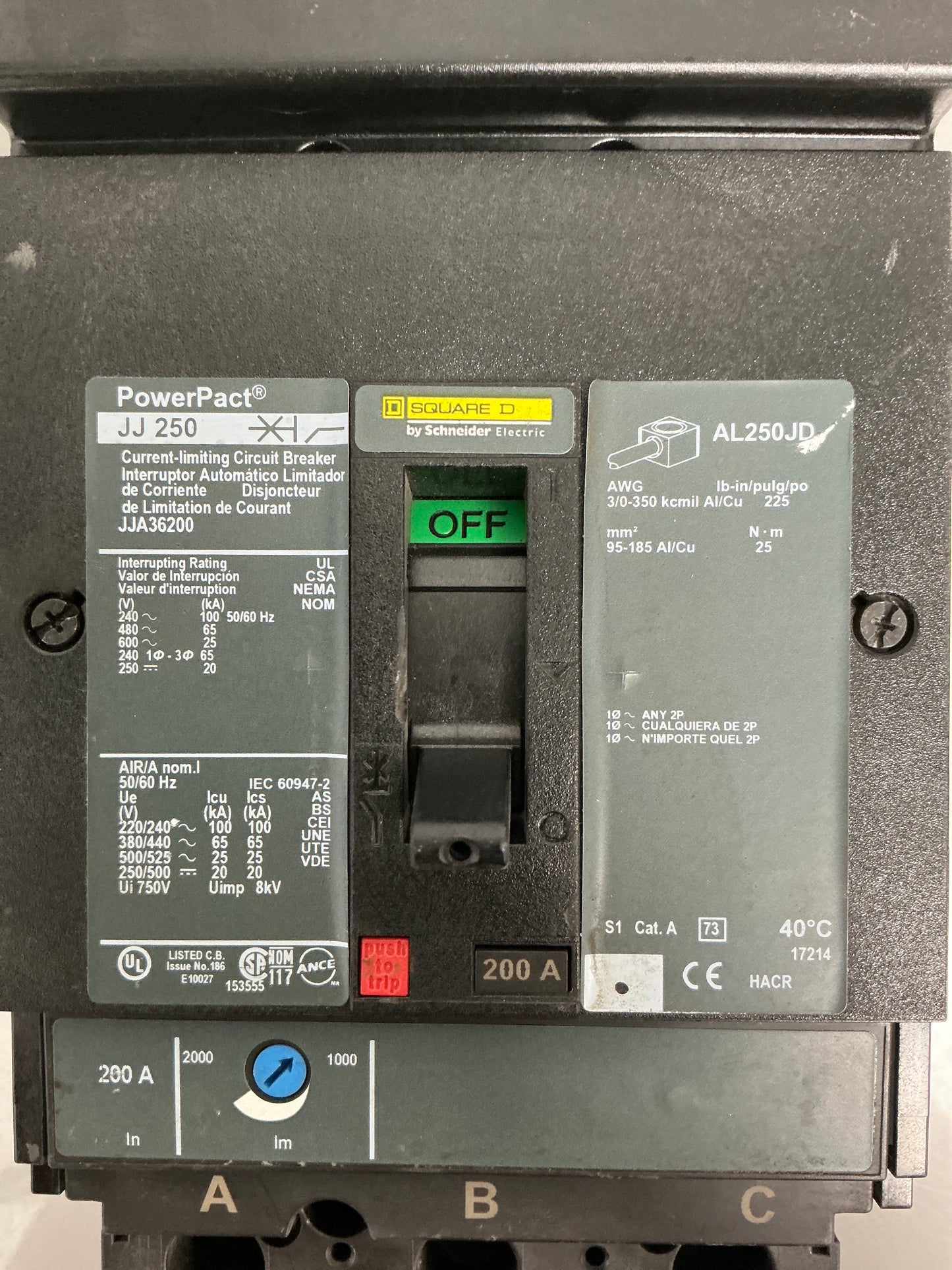Used Square D JJA36200 3 Pole, 200 Amps, 600 Volts