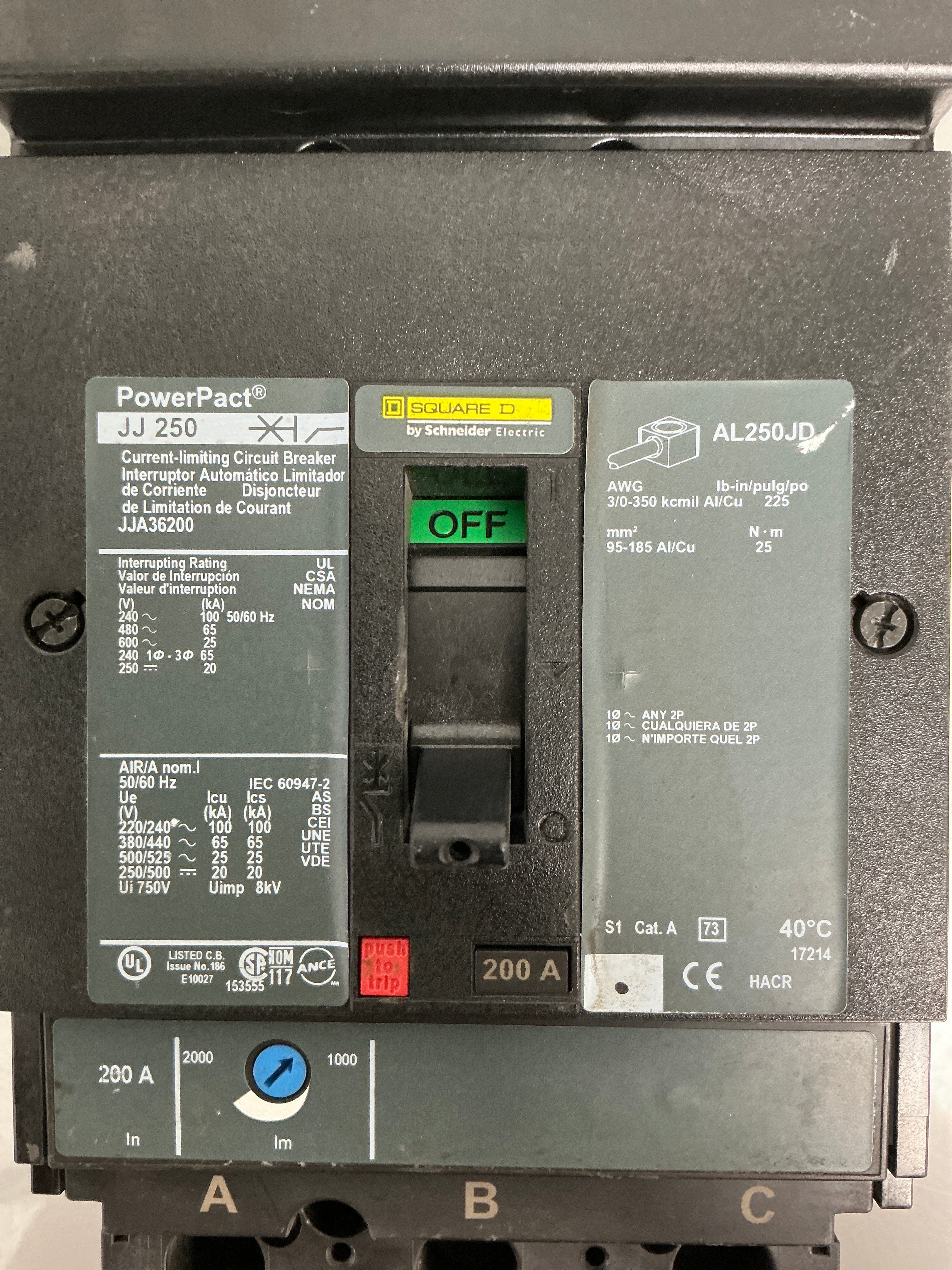 Used Square D JJA36200 3 Pole, 200 Amps, 600 Volts