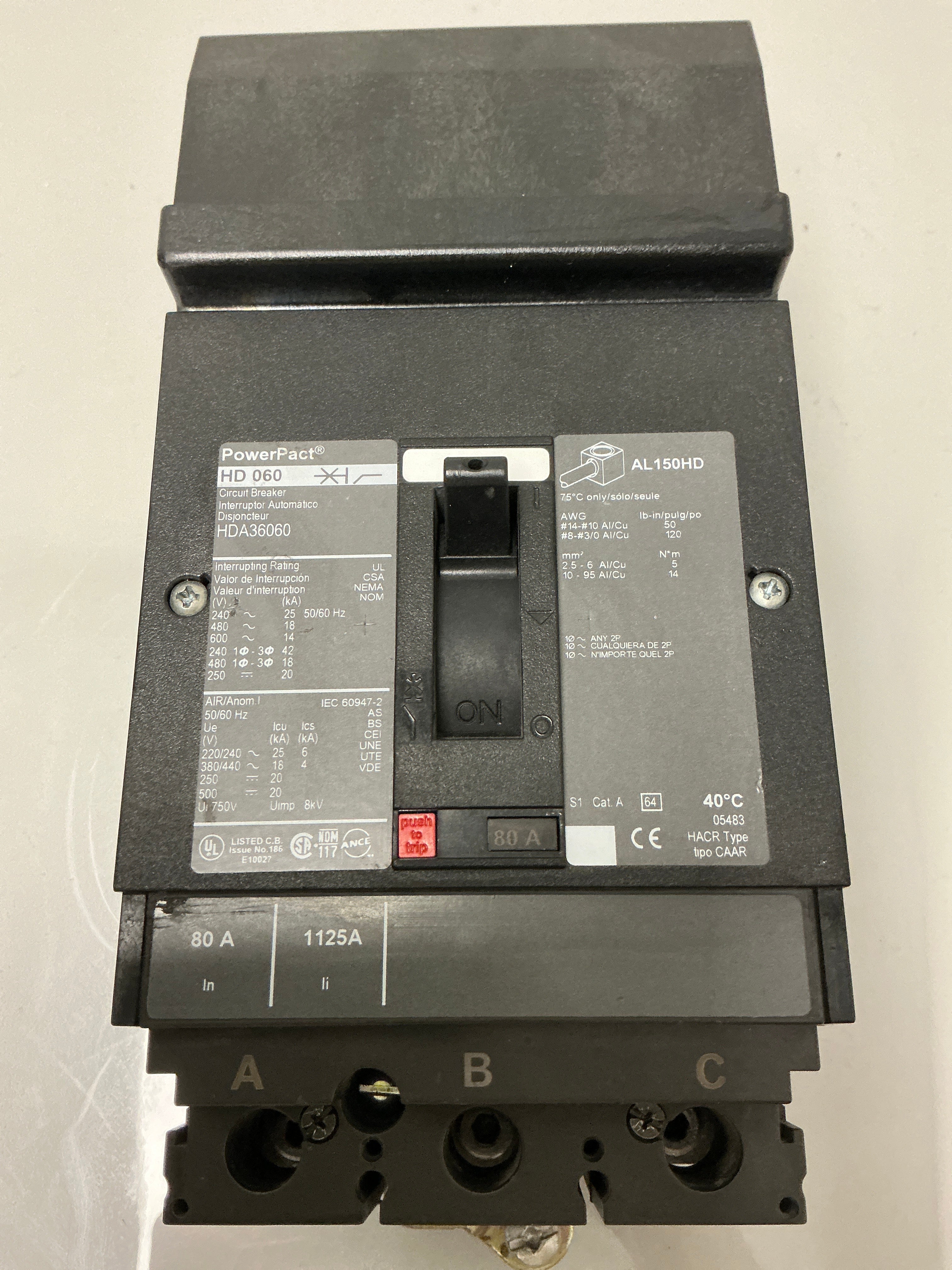 Used Square D HDA36060 3 Pole, 60 Amps, 600 Volts Circuit Breaker