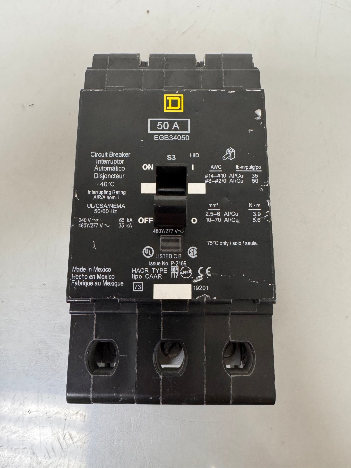 Used Square D EGB34050 50 Amp, 3 Pole, 480 Volt Breaker