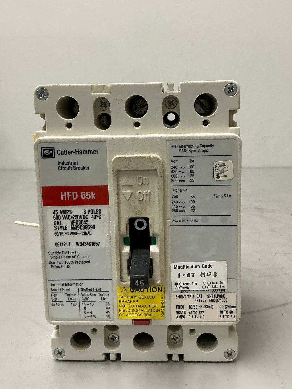 Used Cutler hammer HFD3045 with Shunt trip 3 Pole, 45 Amps, 600 Volts Circuit Breaker