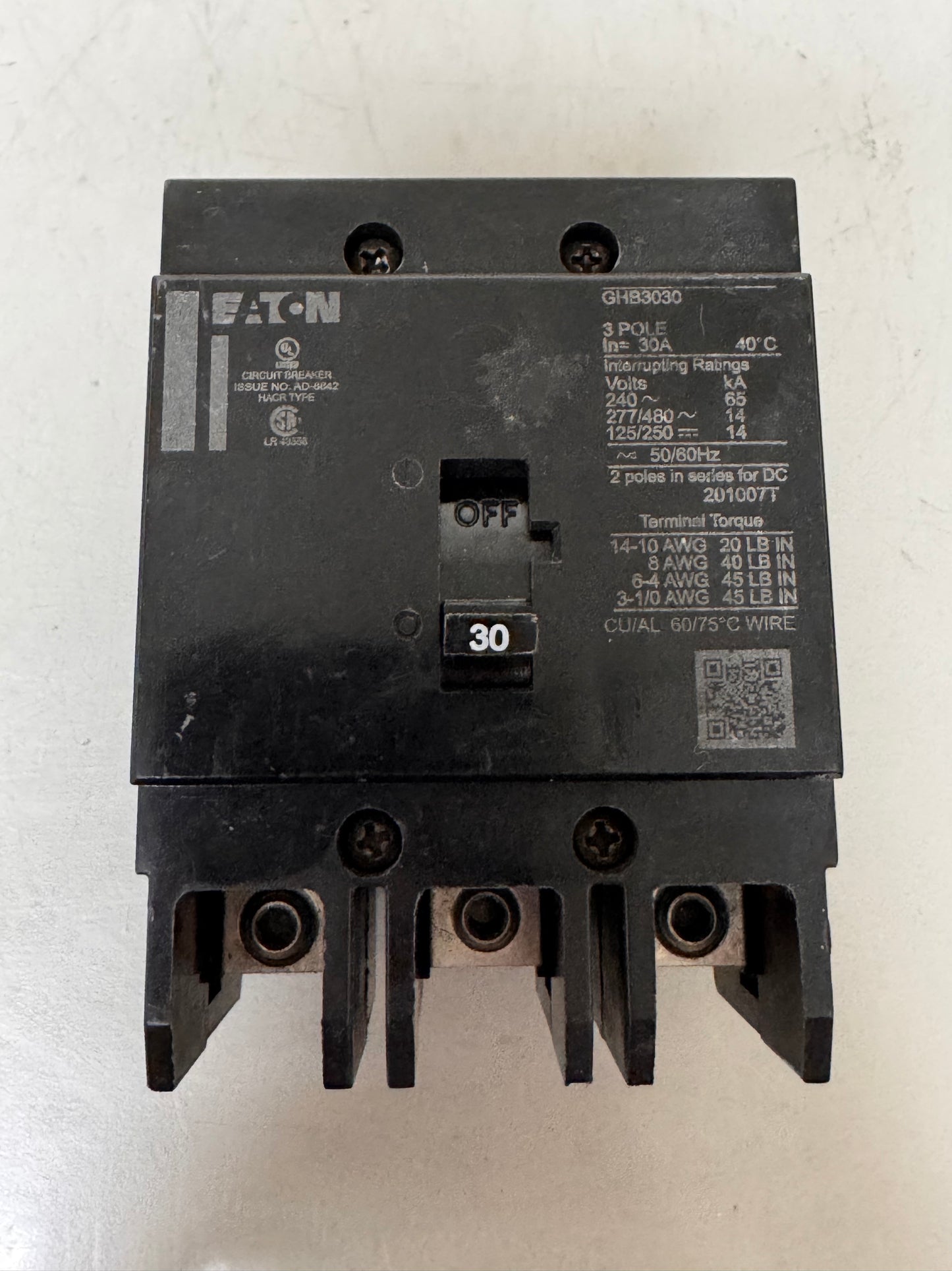 Used Eaton GHB3030 30 Amp, 3 Pole, 480 Volt Breaker