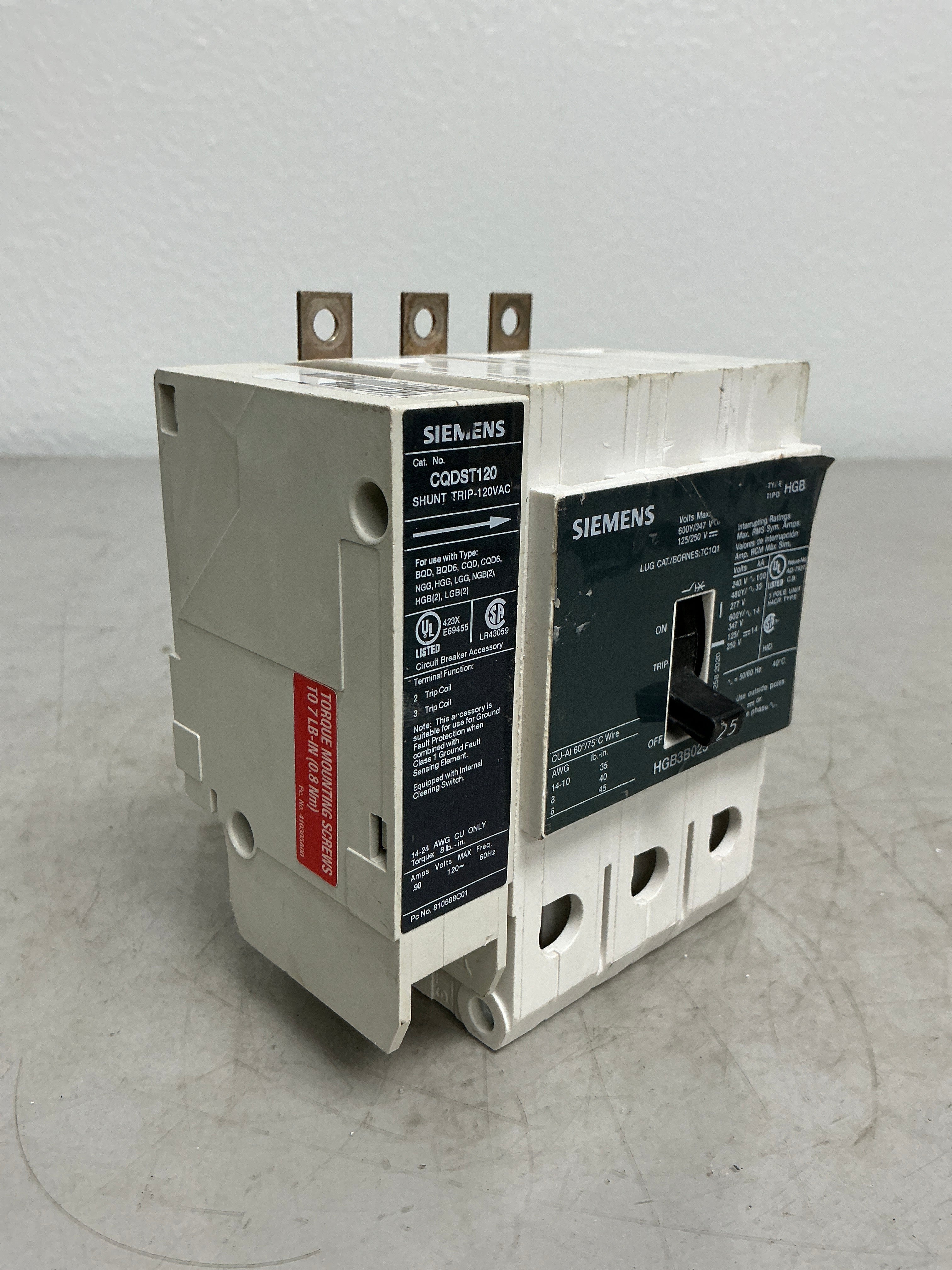 New Siemens HGB3B025 Shunt Trip CQDST120 3 Pole, 25 Apps, 480 Volts