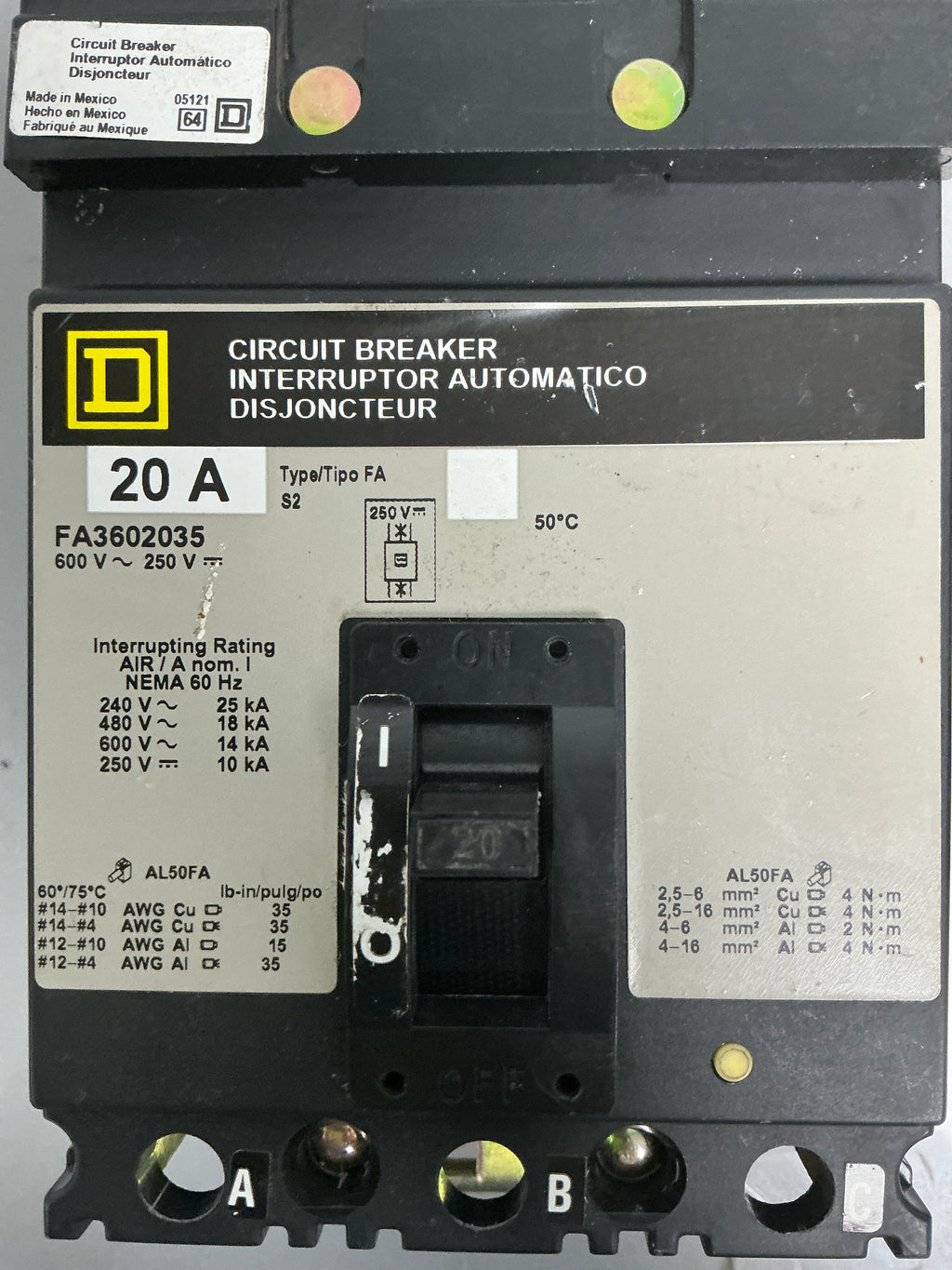 Used Square D FA3602035 3 Pole, 20 Amps