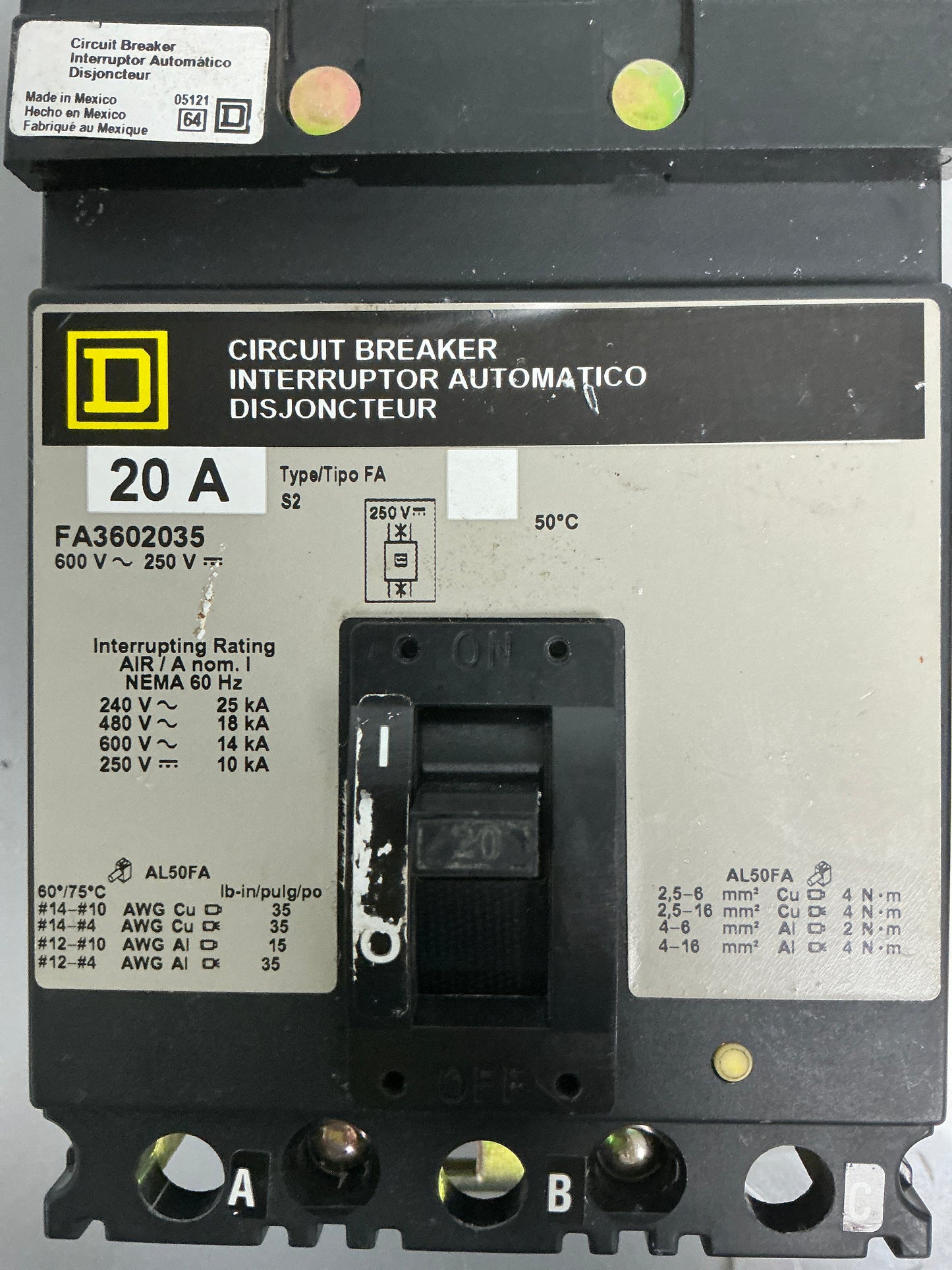 Used Square D FA3602035 3 Pole, 20 Amps