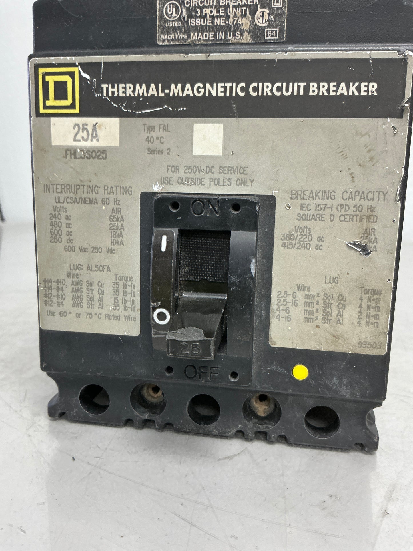 Used Square D FHL36025 3 Pole, 25 Amps, 600 Volts