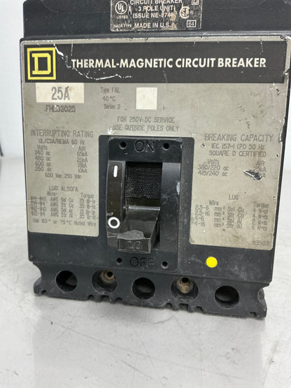 Used Square D FHL36025 3 Pole, 25 Amps, 600 Volts