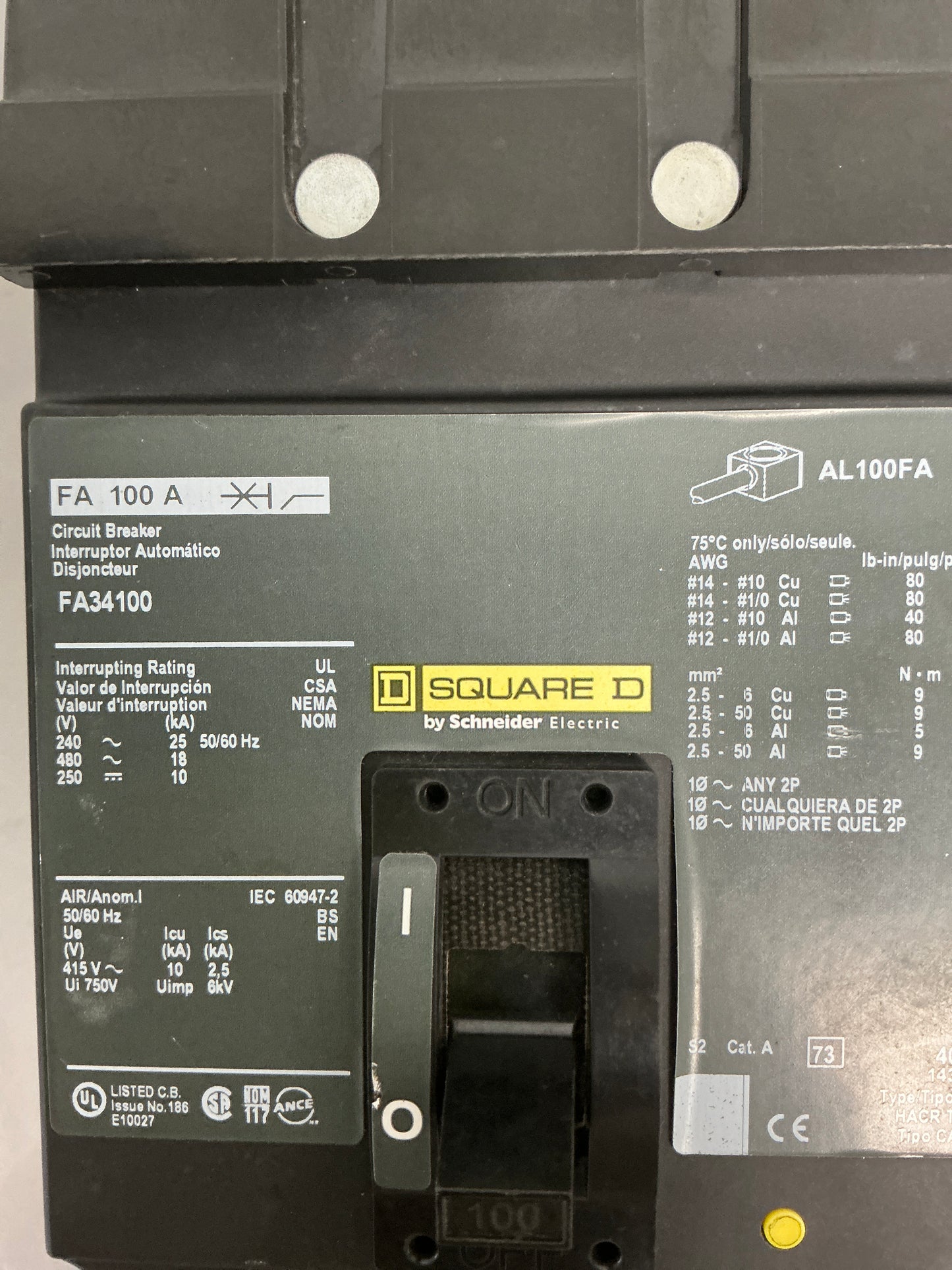 Used Square D FA34100 3 Pole, 100 Amps, 480 Volt