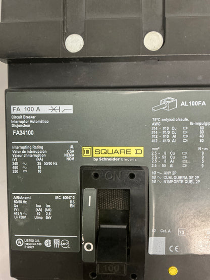 Used Square D FA34100 3 Pole, 100 Amps, 480 Volt