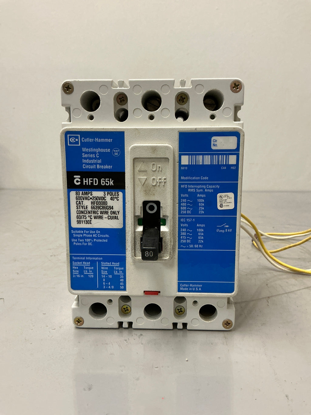 Used Cutler-Hammer HFD3080 with Shunt Trip 3 Pole, 80 Amps, 600 Volts Circuit Breaker