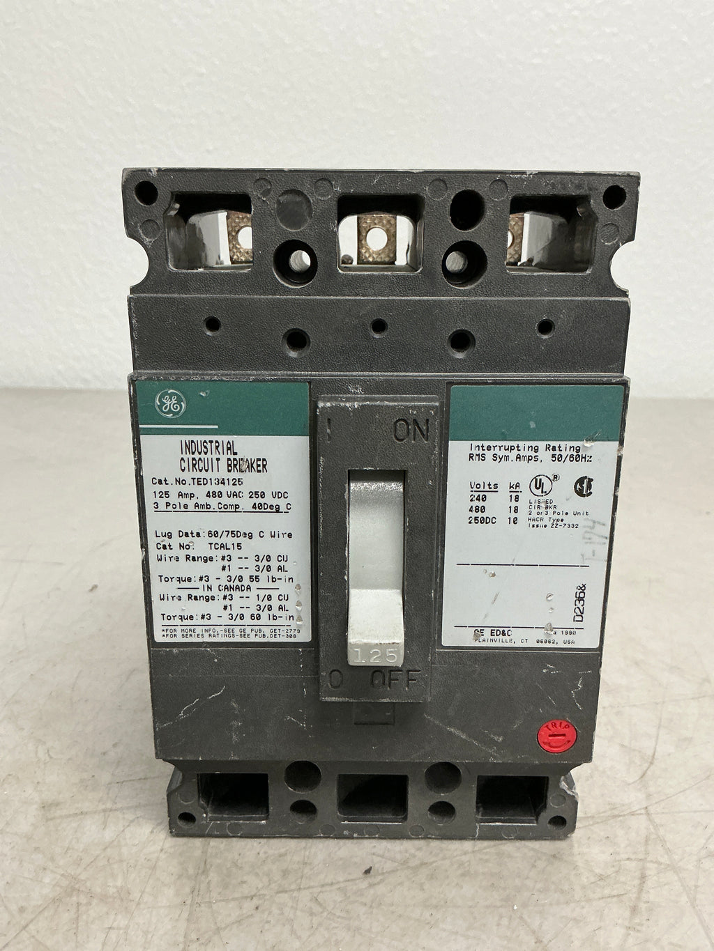 Used TED134125 3 Pole, 125 Amps, 480 Volts Circuit Breaker