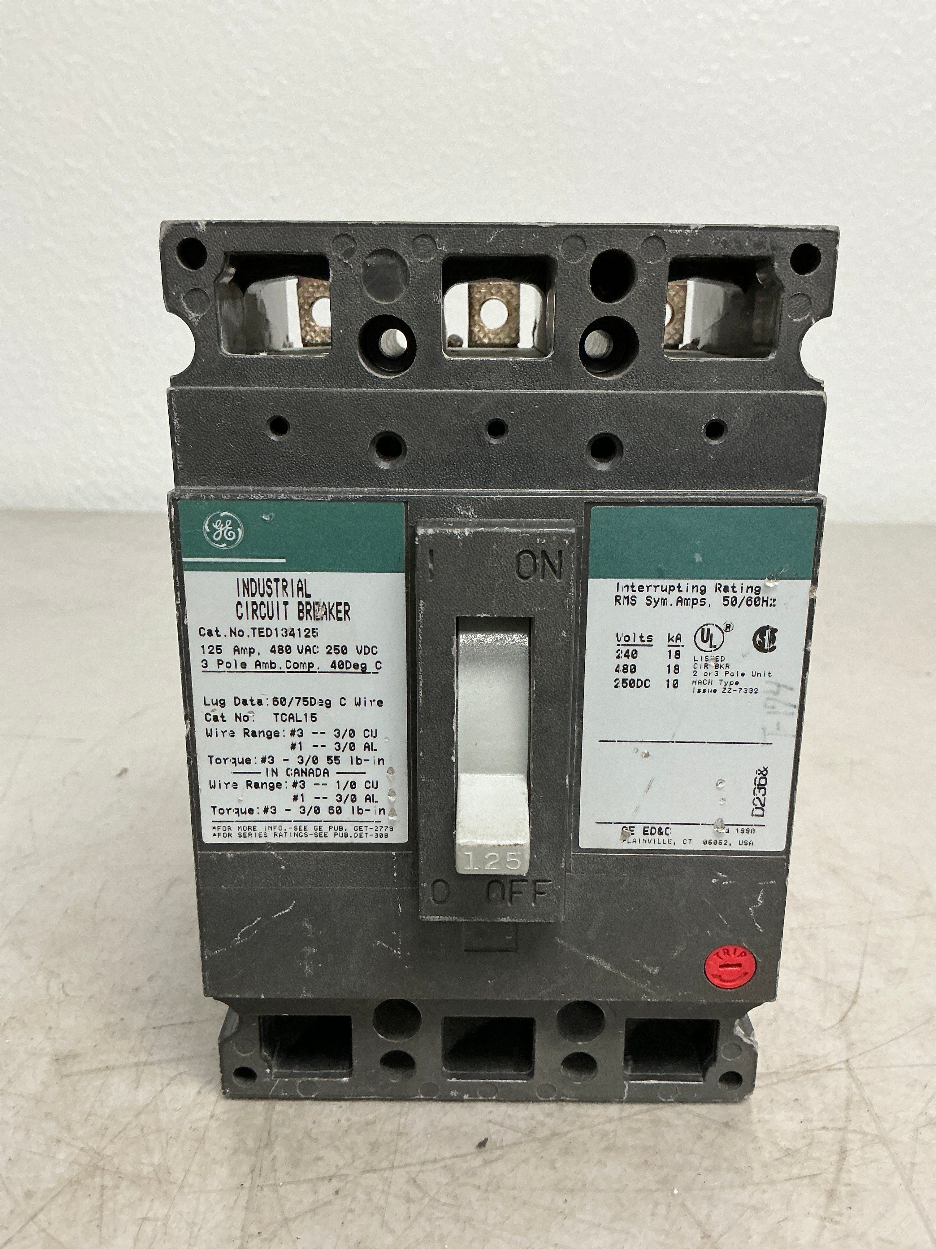 Used TED134125 3 Pole, 125 Amps, 480 Volts Circuit Breaker