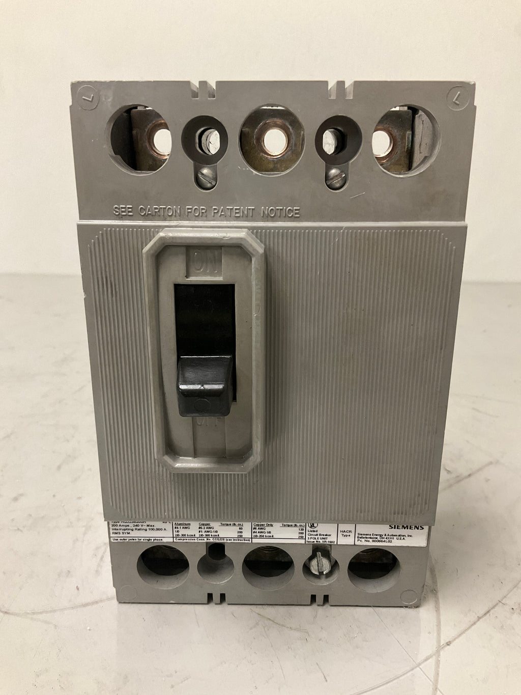 Used Siemens HQJ23B200H 3 Pole, 200 Amps, 240 Volts Circuit Breaker