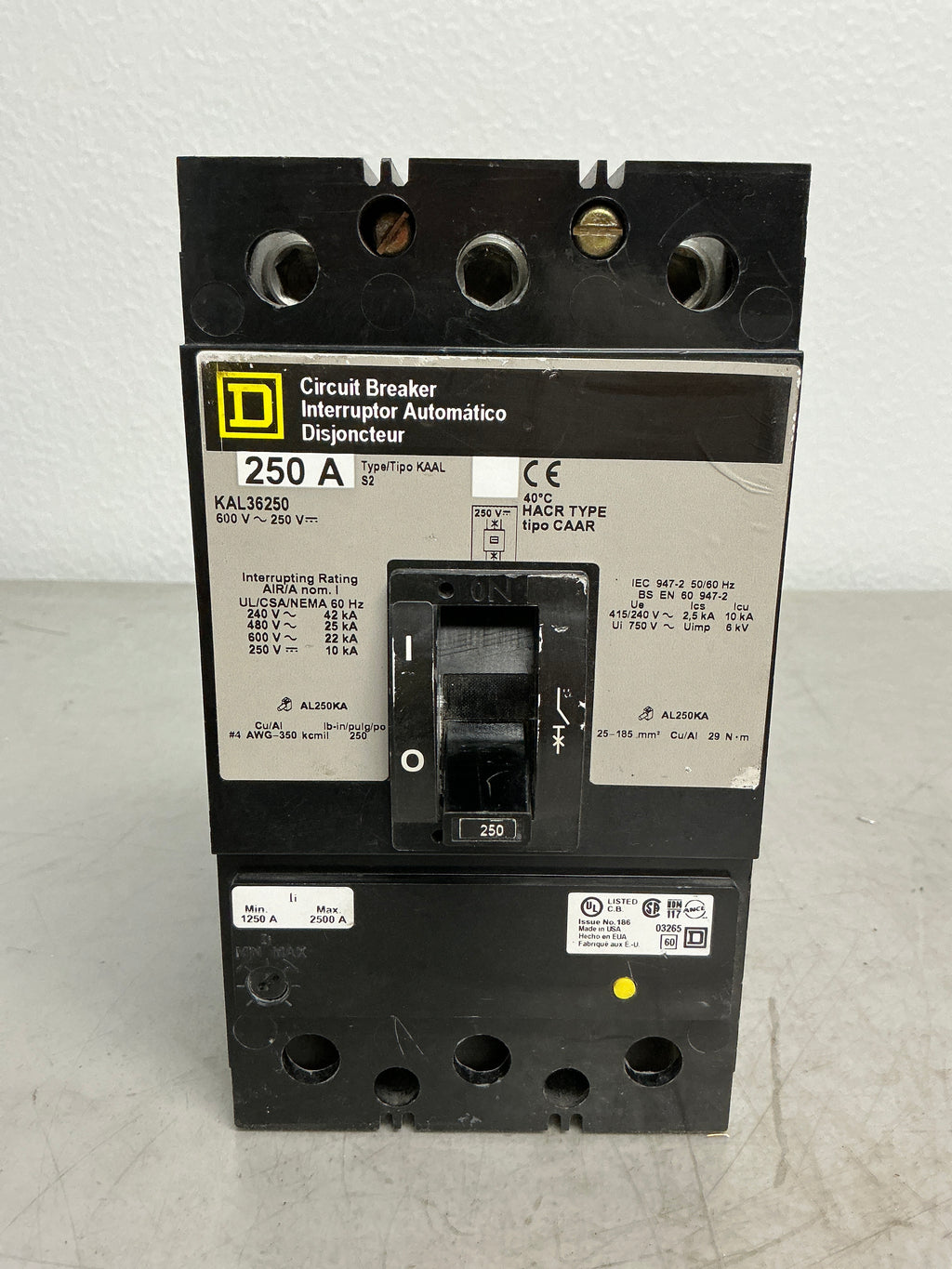 Used Square D KAL36250 3 Pole, 250 Amps, 600 Volts Circuit Breaker