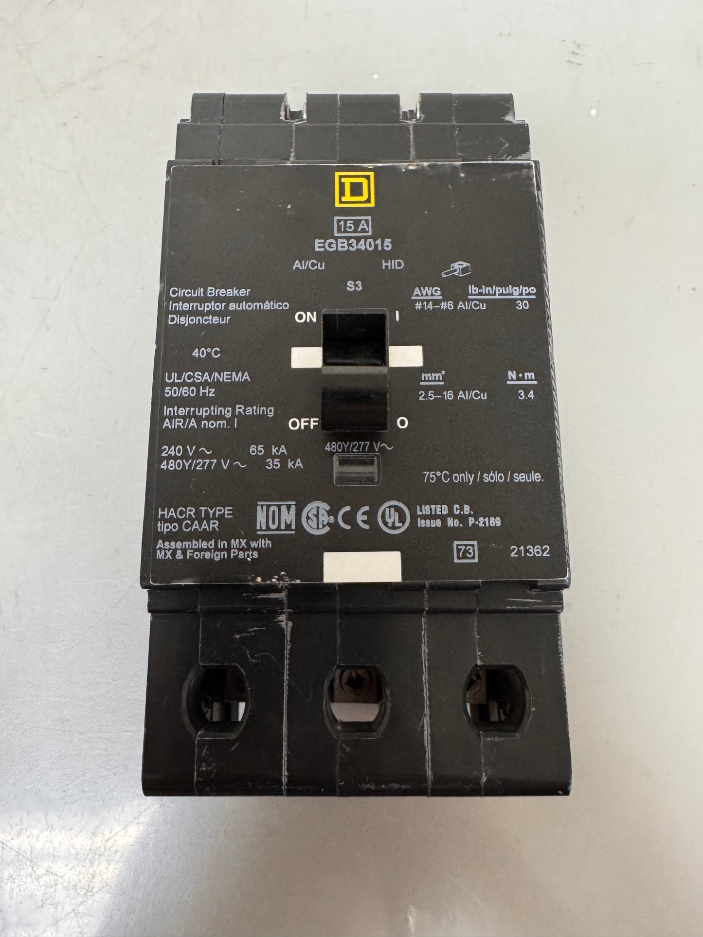 Used Square D EGB34015 15 Amp, 3 Pole, 480 Volt Breaker