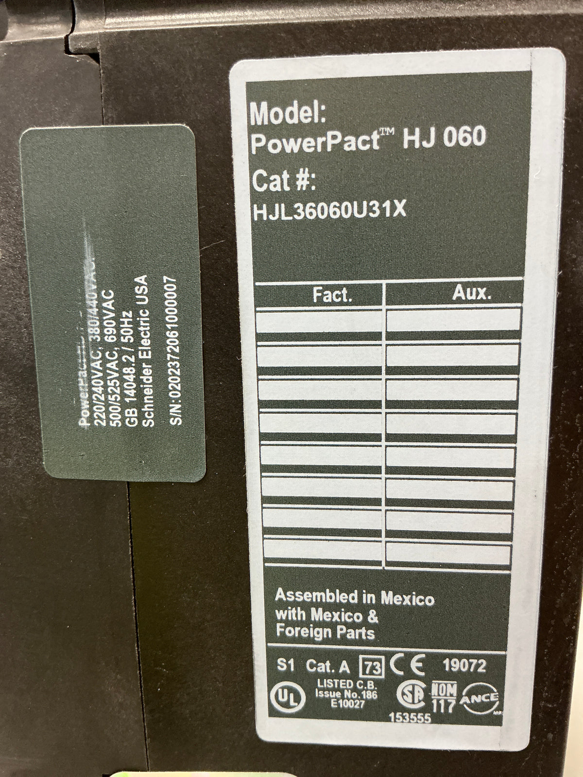 Used Square D HJL36060U31X 3 Pole, 60 Amps, 600 Volts circuit Breaker
