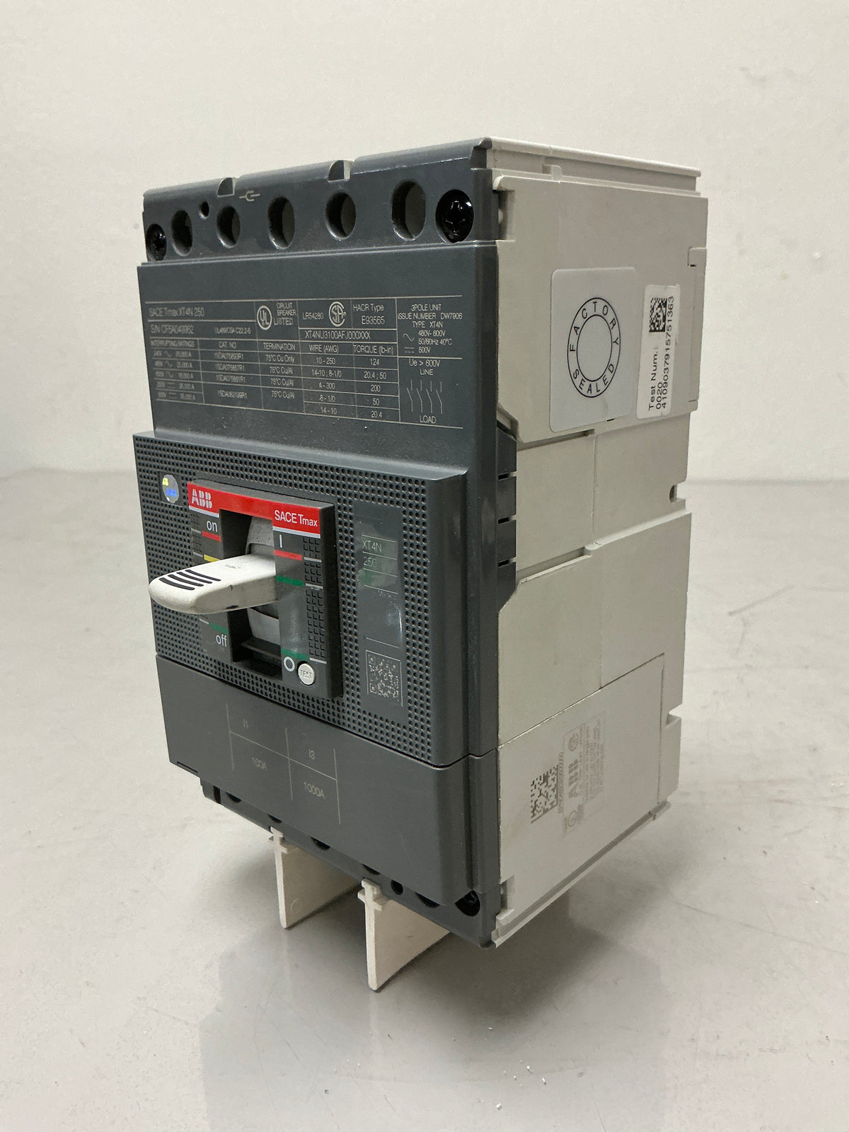 New ABB SACE TMAX XT4NU3100AF 3 Pole, 100 Amps, 600 Volts Circuit Breaker