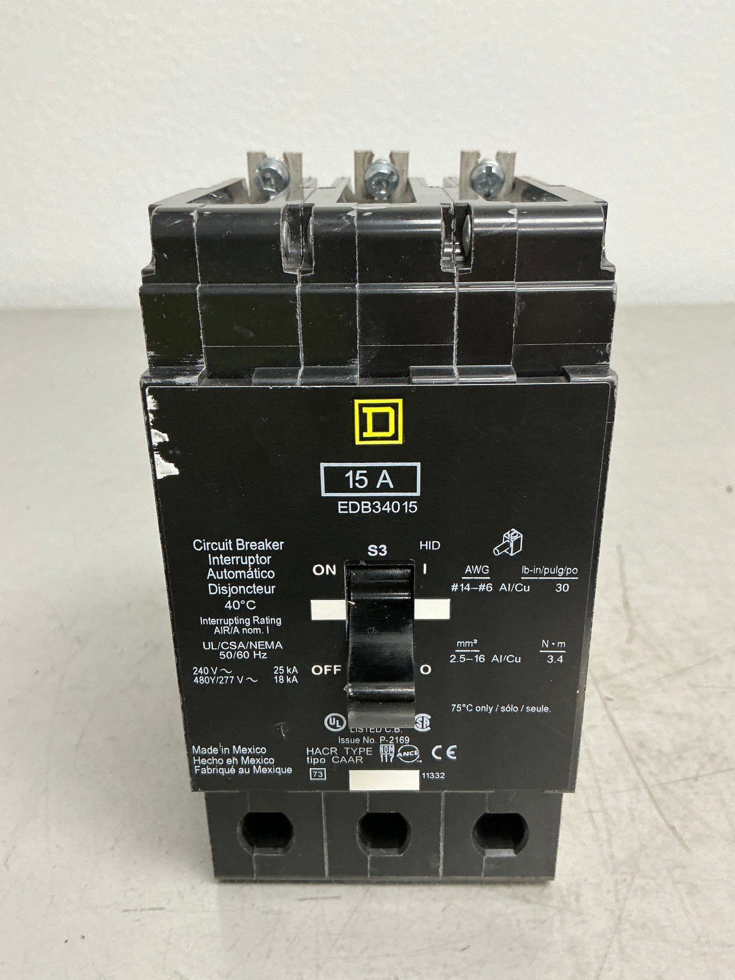 New Square D EDB34015 3 Pole, 15 Amps, 480 Volts