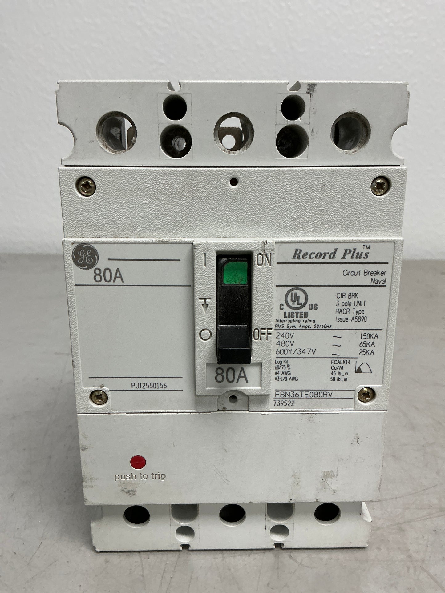 Used FBN36TE080RV 80 Amp 600 Volt 3 Pole Breaker