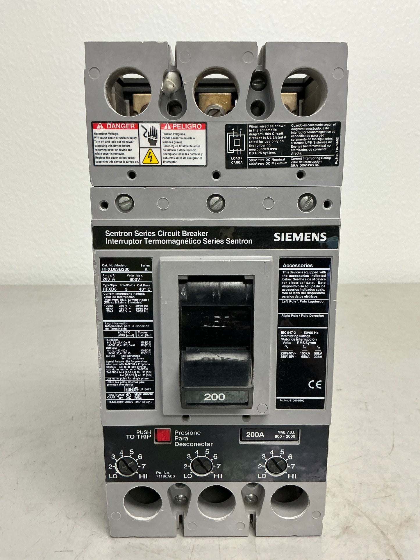 Used Siemens HFXD63B200 3 Pole, 200 Amps, 600 Volts