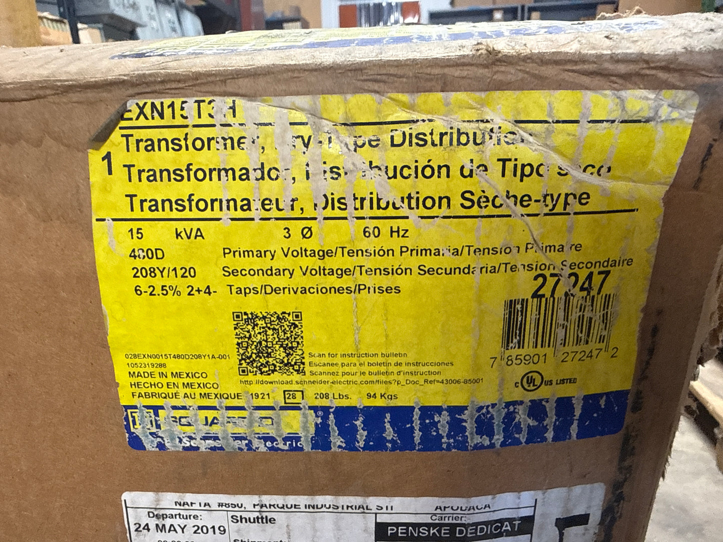 New Square D 15 KVA Transformer, Primary 480, Seconday 208/120 Volts (item#t12)