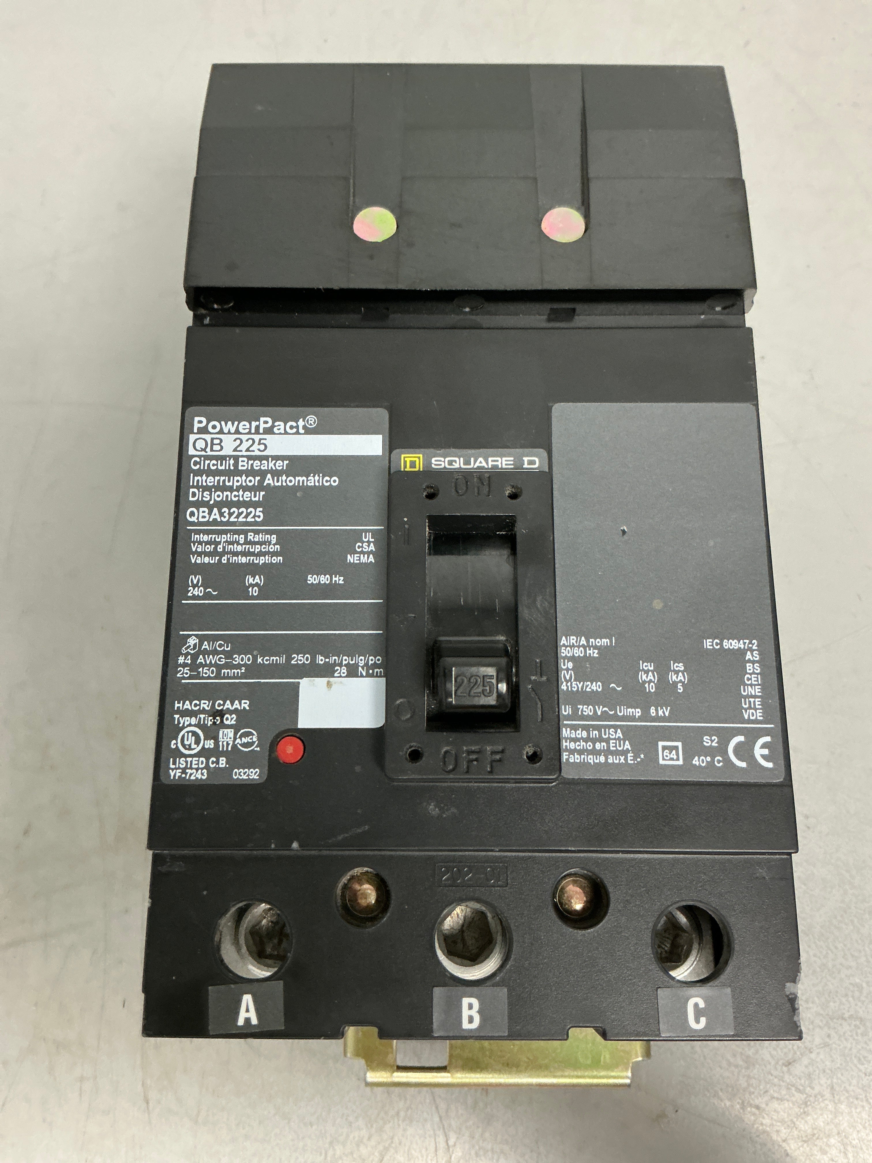 Used Square D QBA32225 3 Pole, 225 Amps, 600 Amps