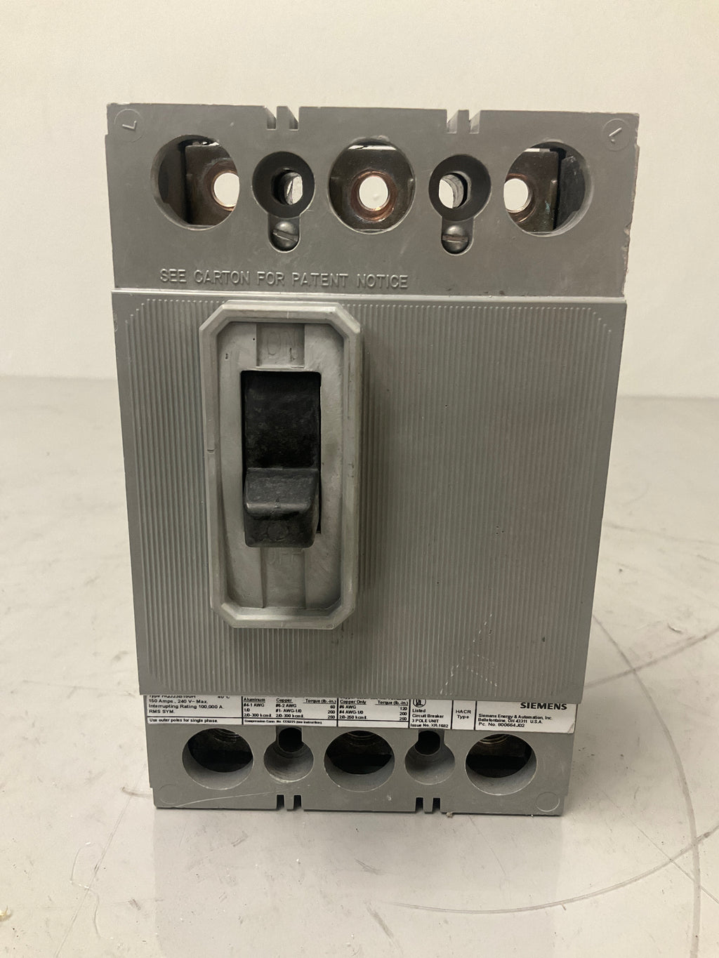 Used Siemens HQJ23B150H 3 Pole, 150 Amps, 240 Volts Circuit Breaker