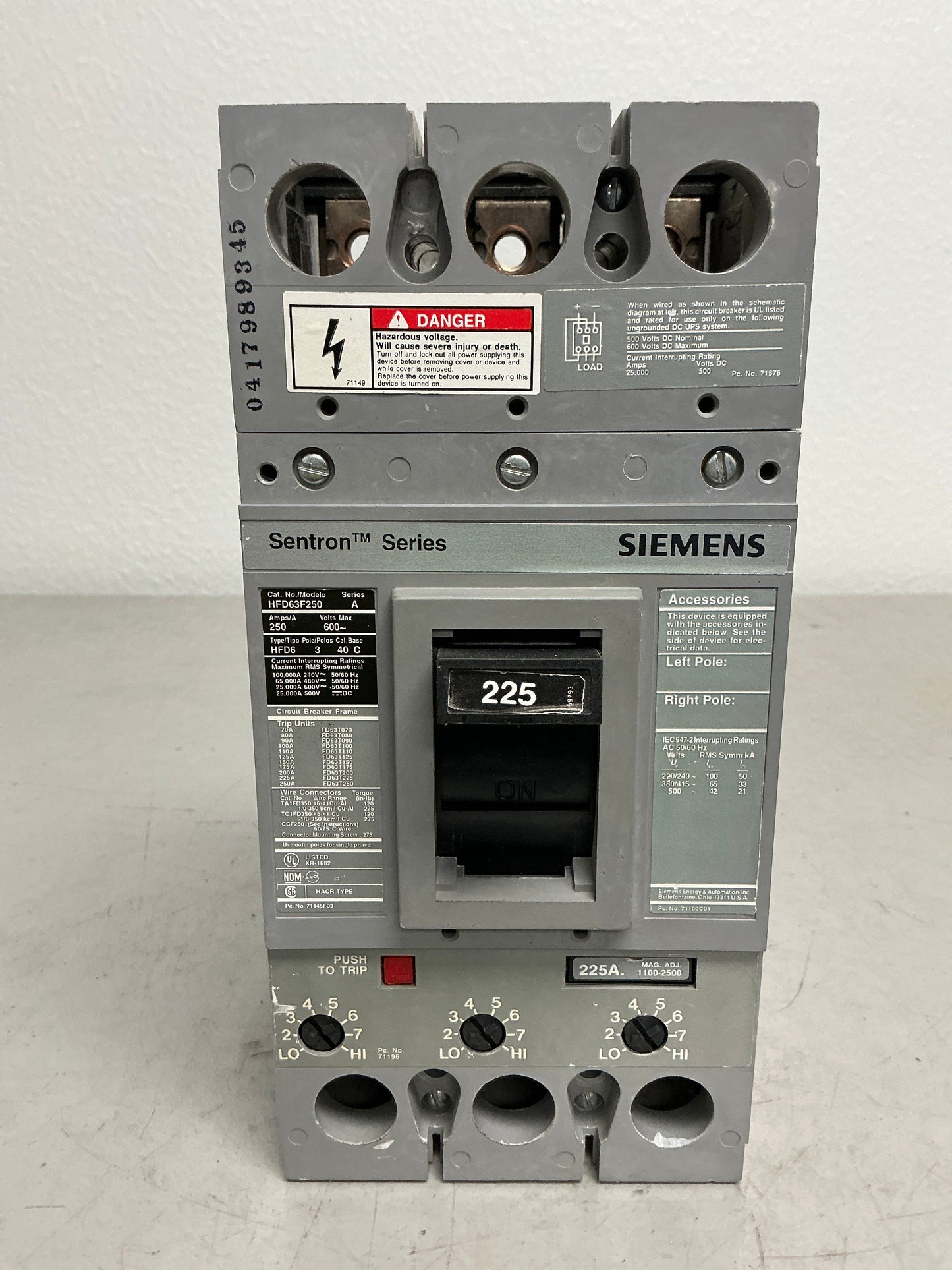 Used Siemens HFD63B225 225 Amps, 3 Pole, 600 Volts