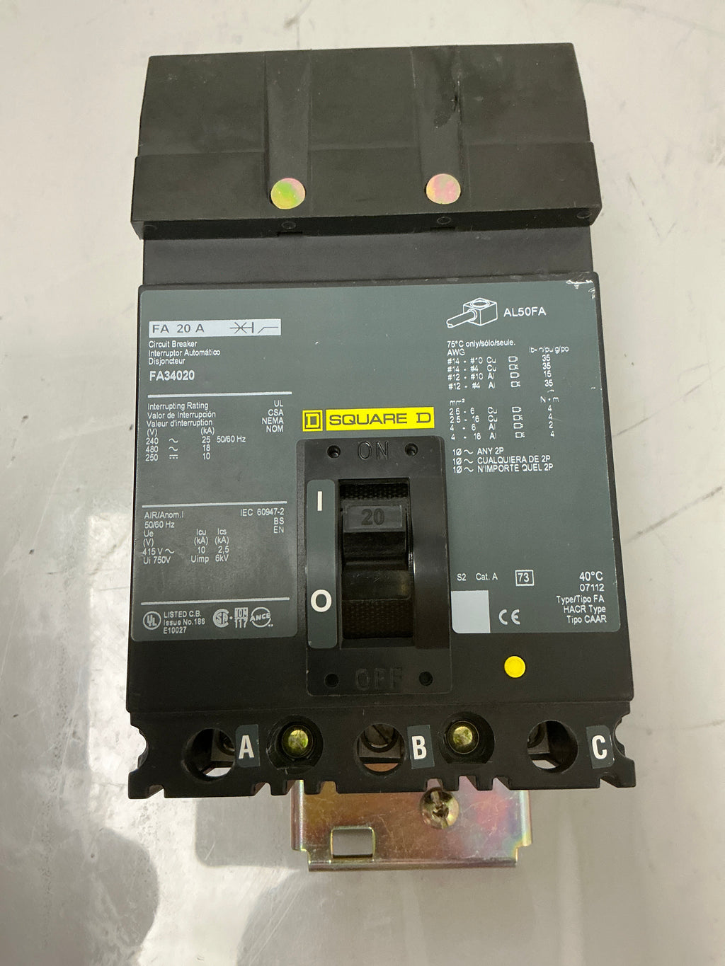 Used Square D FA34020 3 Pole, 20 Amps, 480 Volts Circuit Breaker