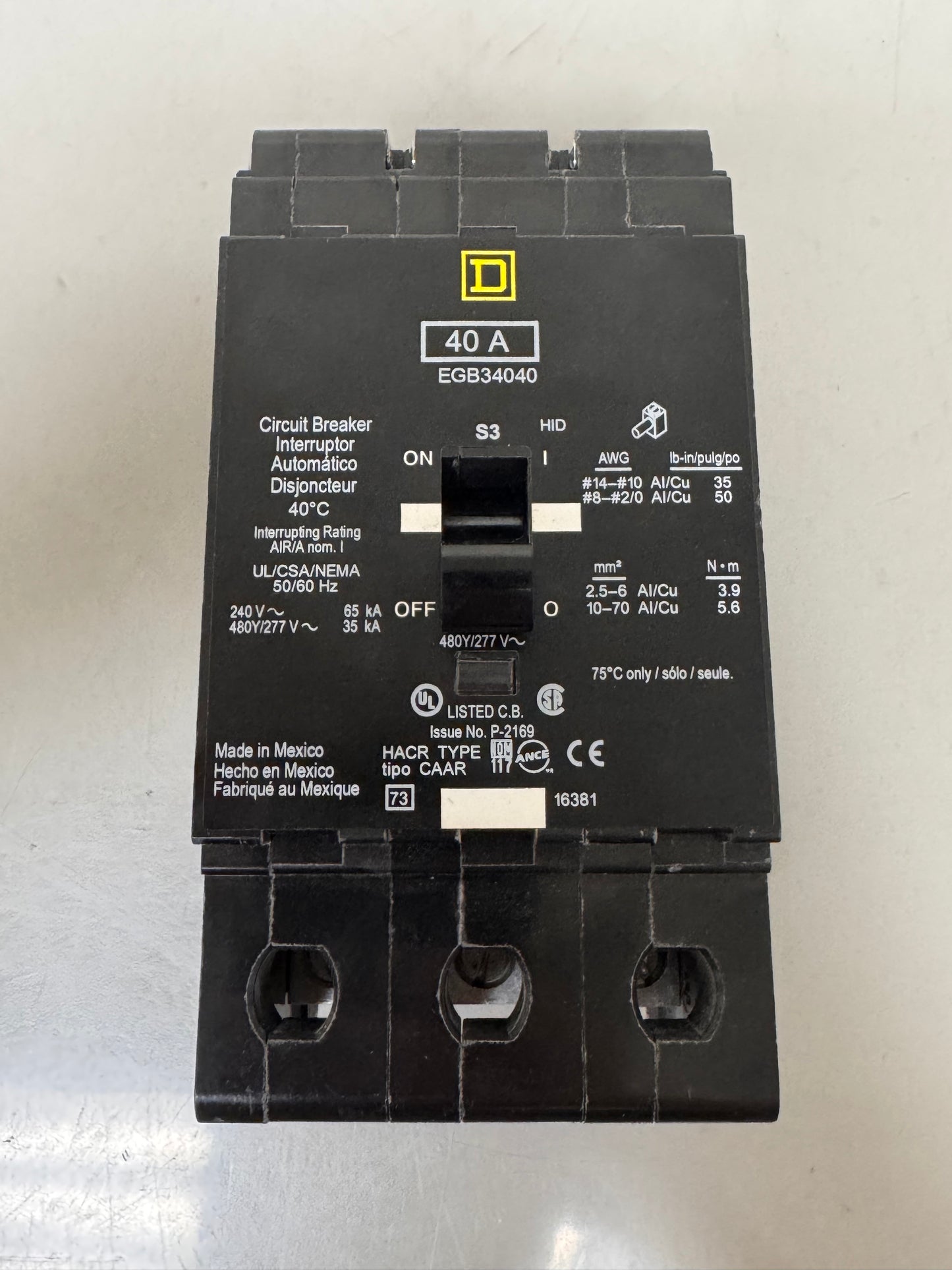 Used Square D EGB34040 40 Amp, 3 Pole, 480 Volt Breaker