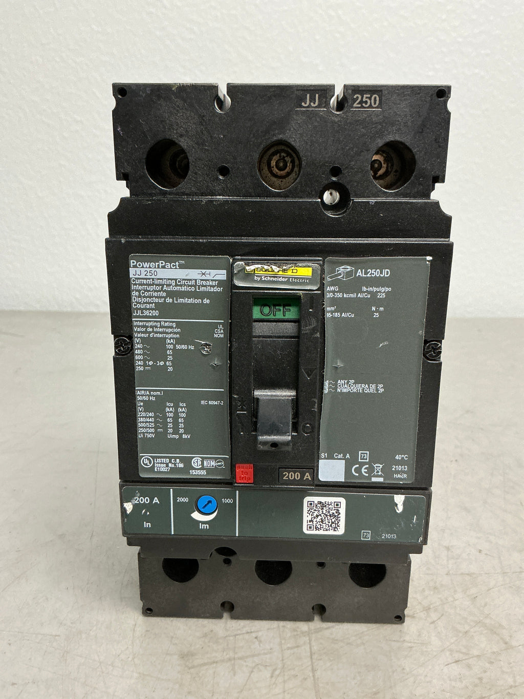 Used Square D JJL36200 3 Pole, 200 Amps, 600 Volts Circuit Breaker