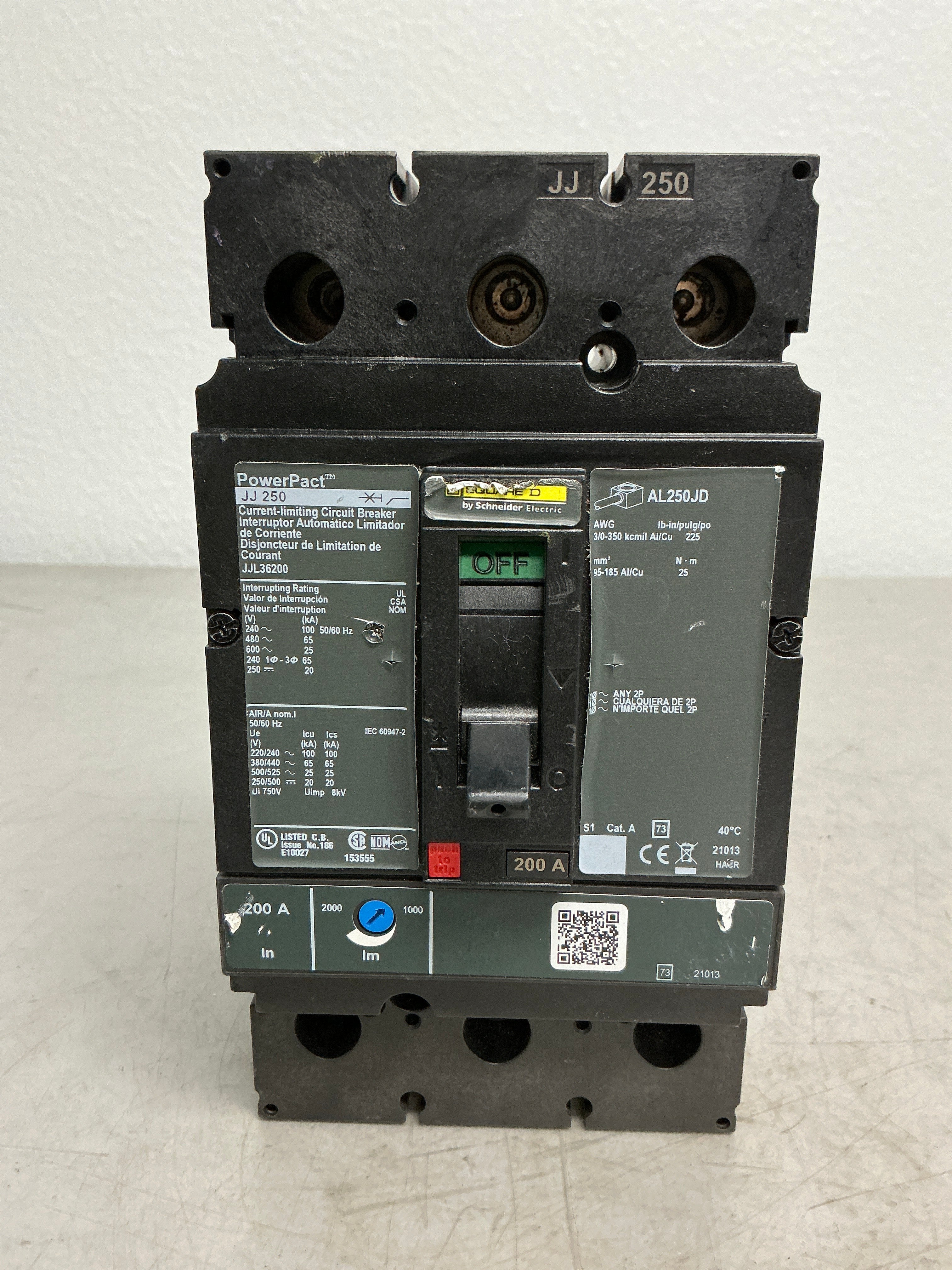 Used Square D JJL36200 3 Pole, 200 Amps, 600 Volts Circuit Breaker