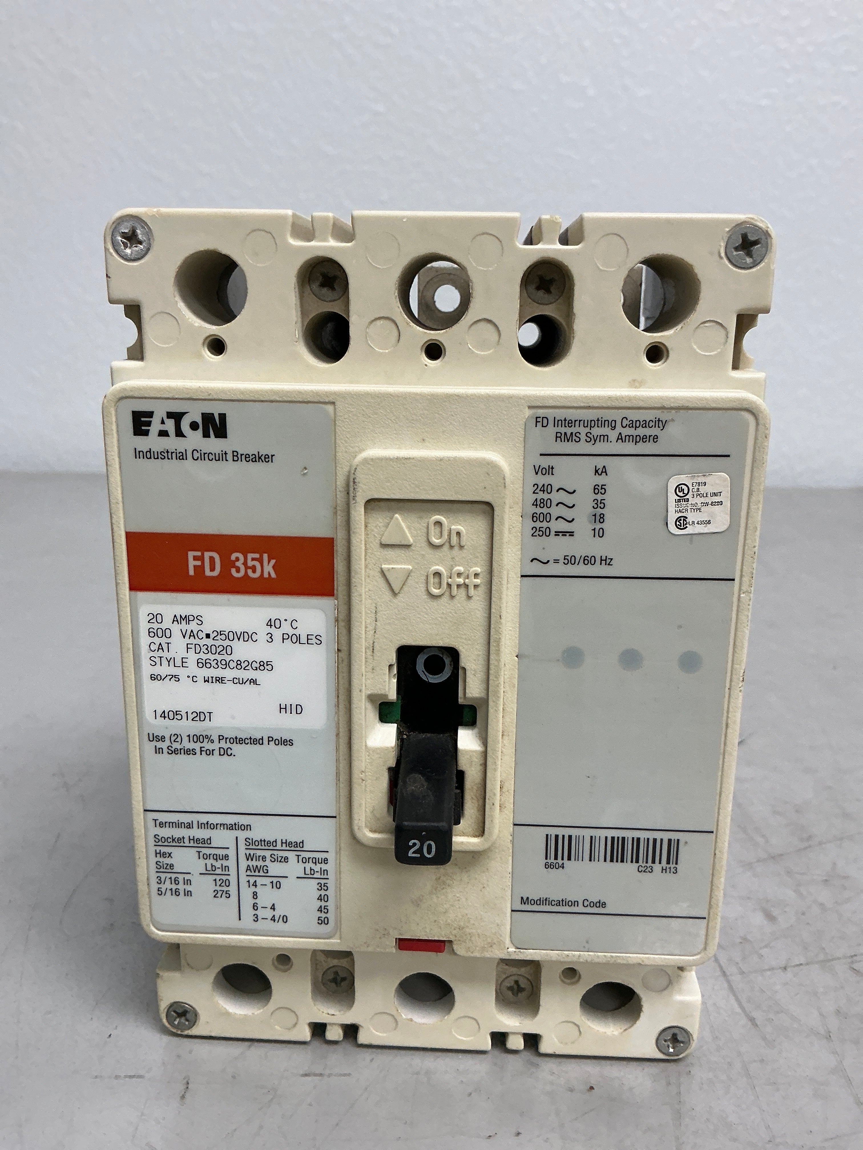 Used Eaton FD3020 3 Poles, 20 Amps, 600 Volts