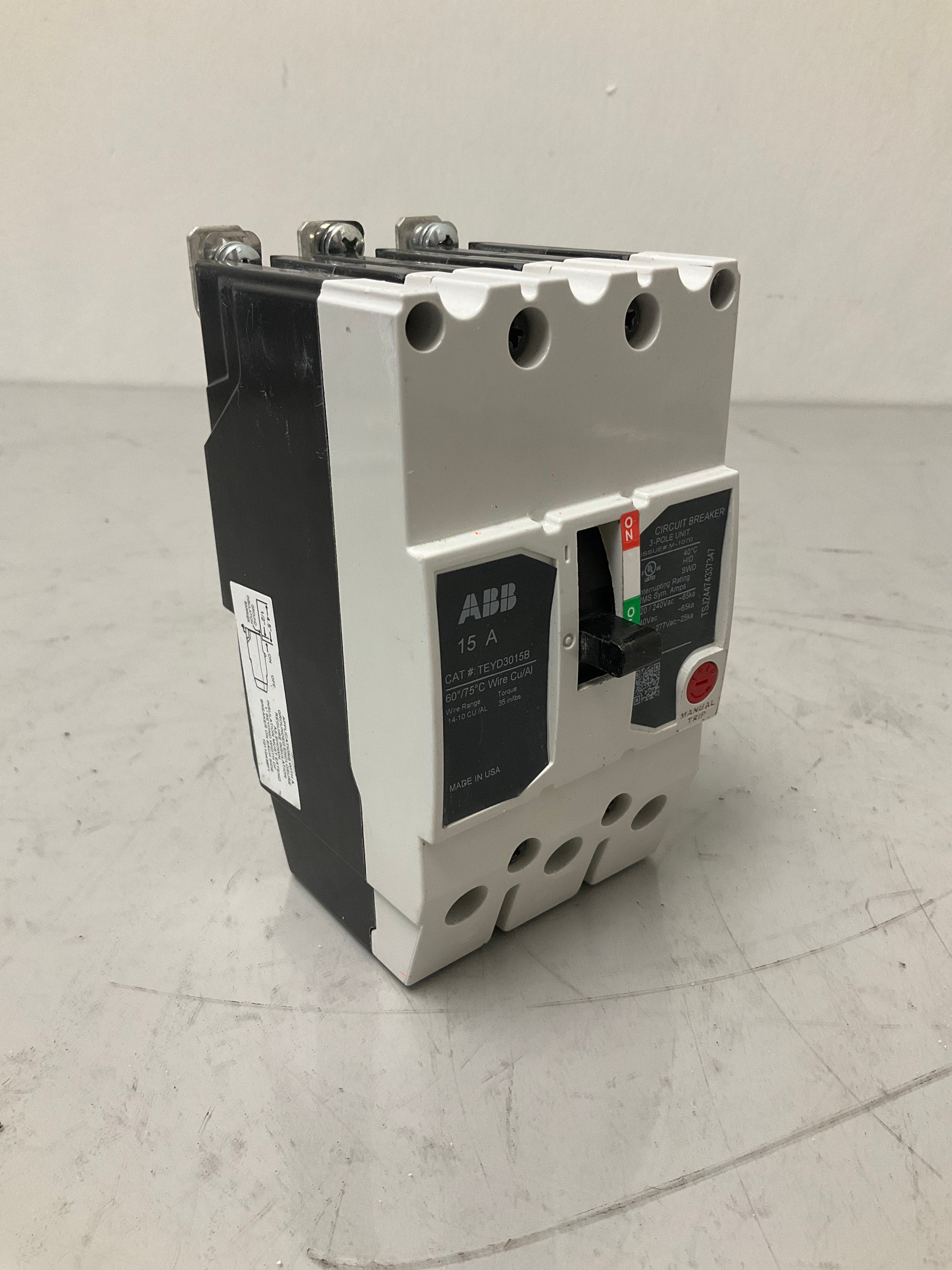 Used ABB TEYD3015B 3 Pole, 15 Amps, 480 Volts circuit Breaker