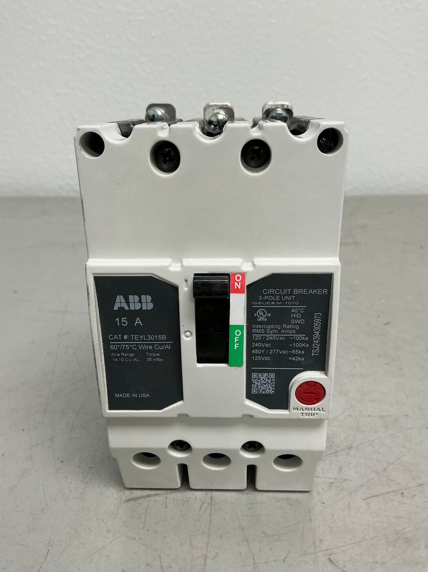 New ABB TEYL3015B 3 Pole, 15 Amps, 480 Volts