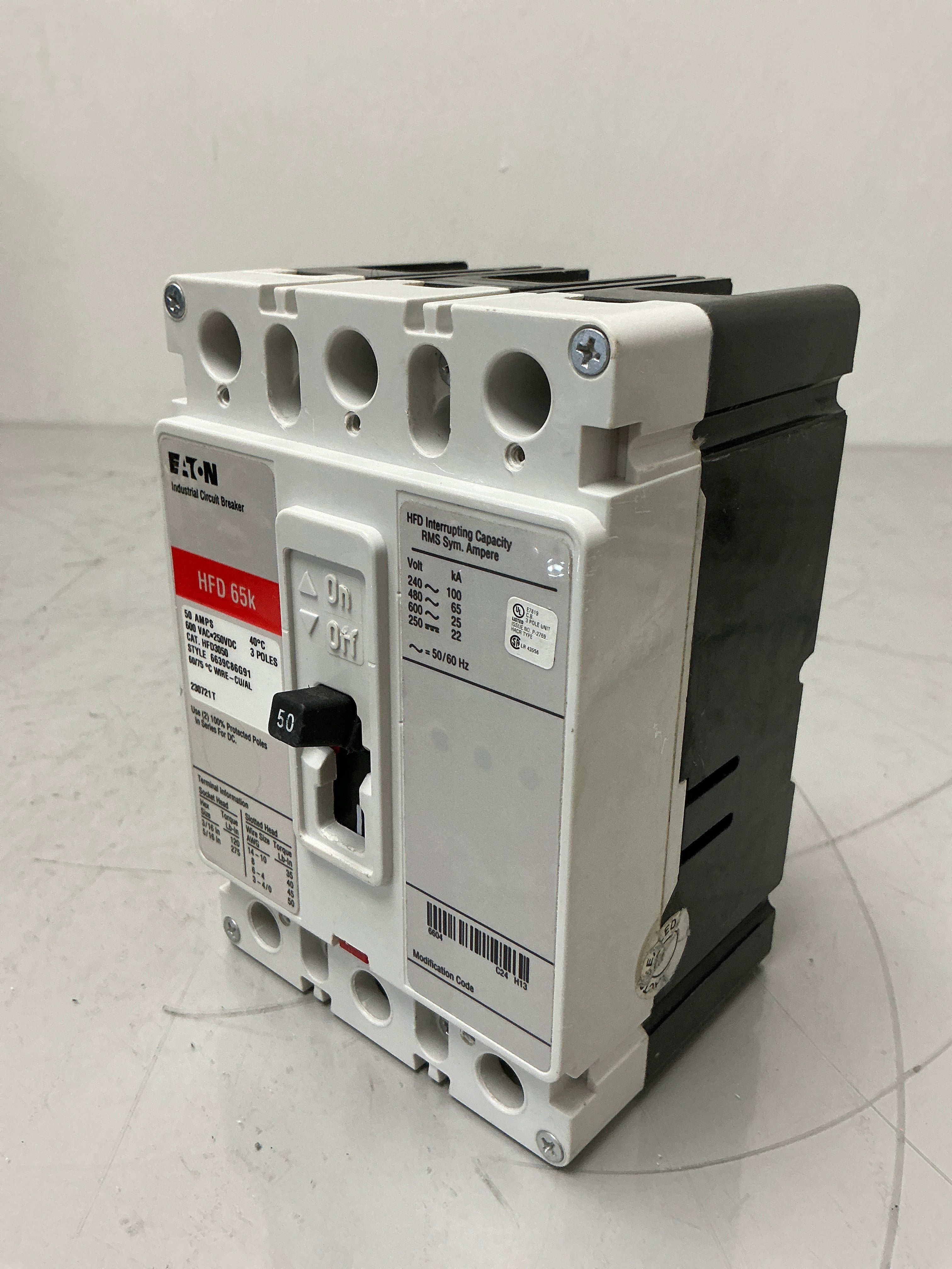 Used Eaton HFD3050 3 Pole, 50 Amps, 600 Volts Circuit Breaker