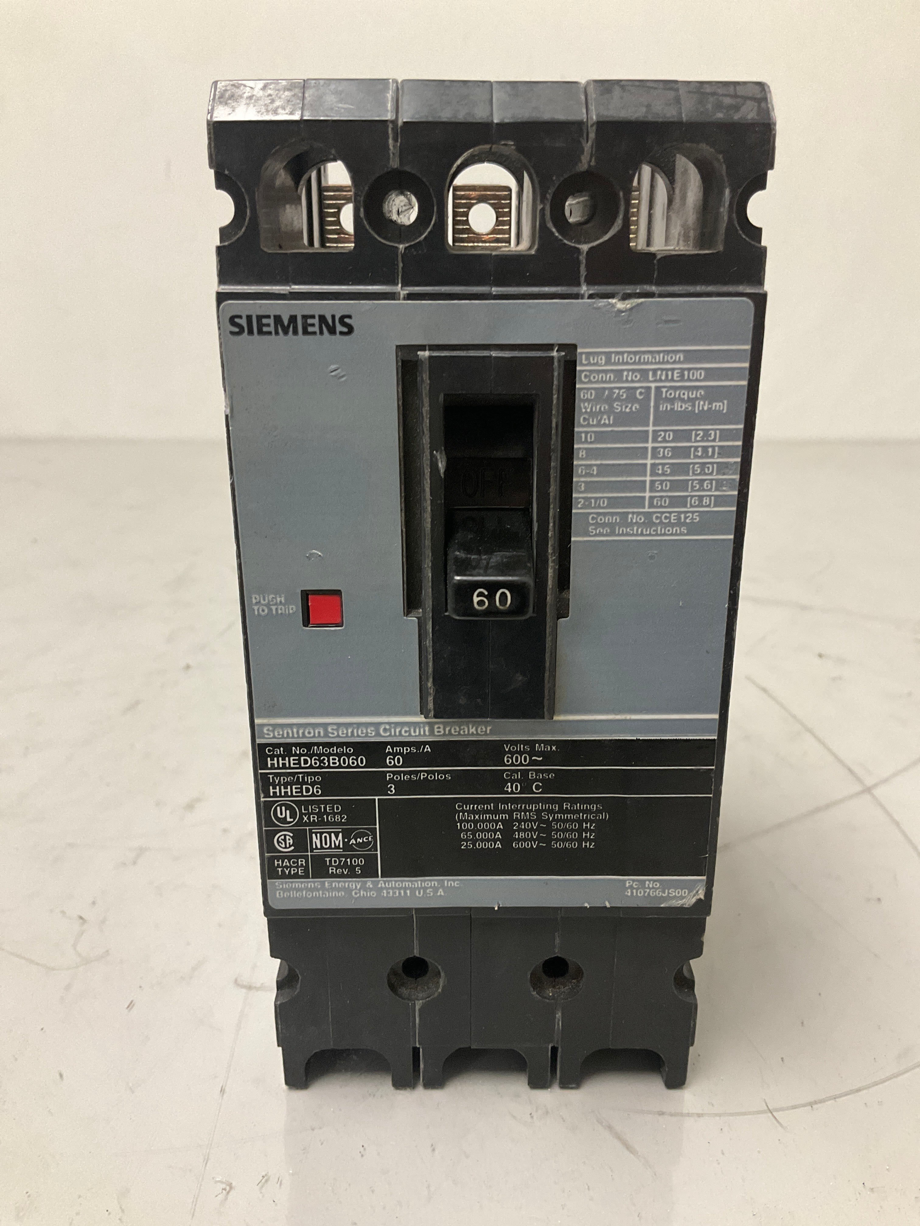 Used Siemens HHED63B060 3 Pole, 60 Amps, 480 Volts Circuit Breaker